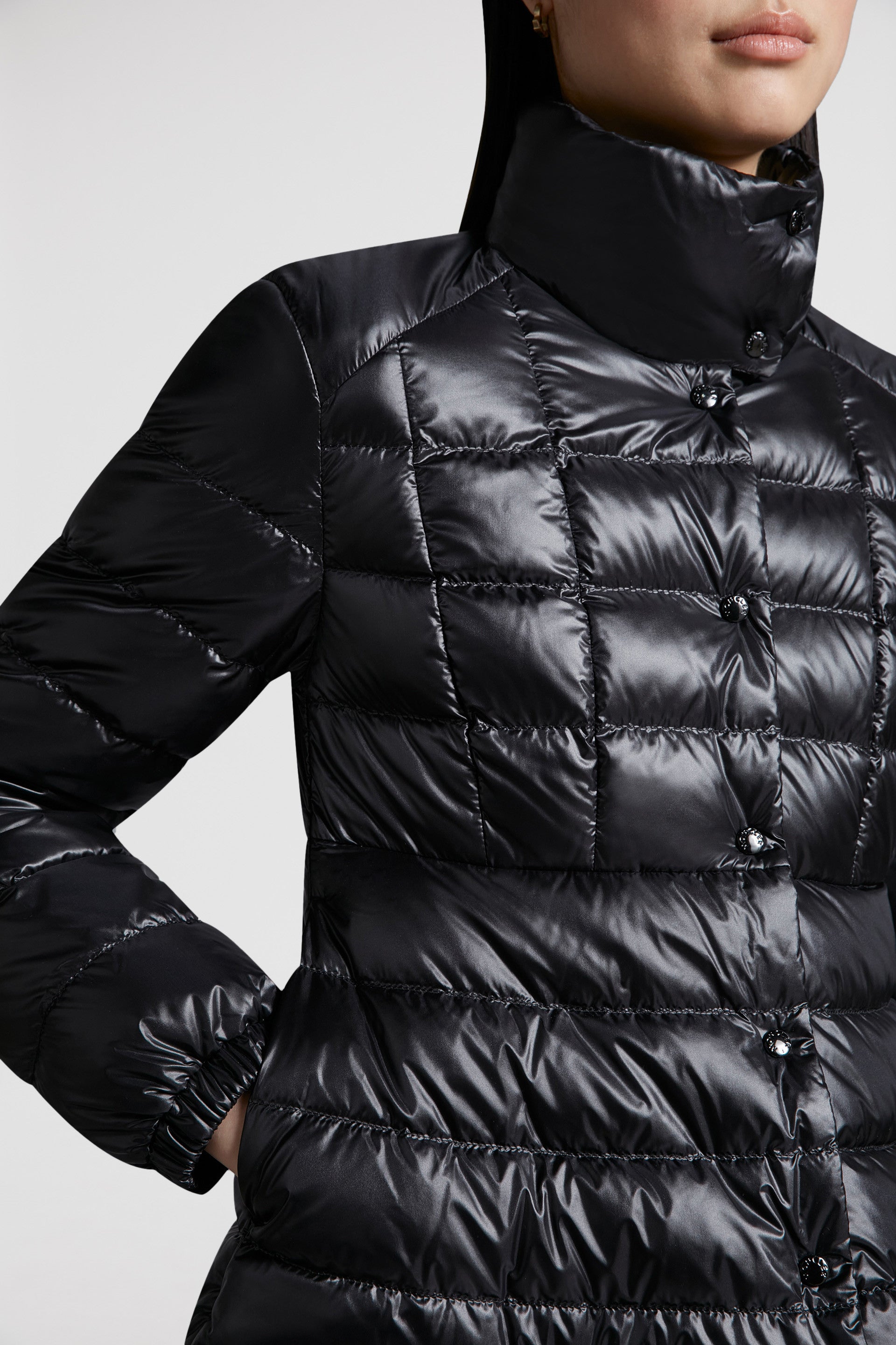 luxury outerwear, black down jacket, Moncler jacket, winter fashion, high-end fashion