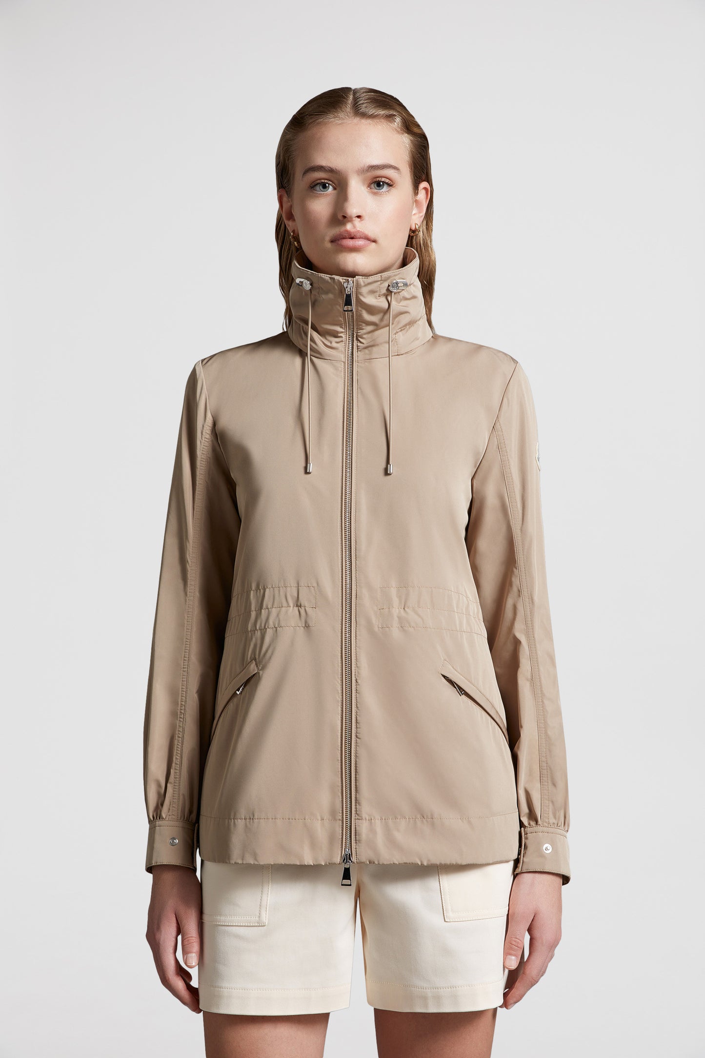 Beige parka, luxury outerwear, Moncler, elegant jacket, high-end fashion