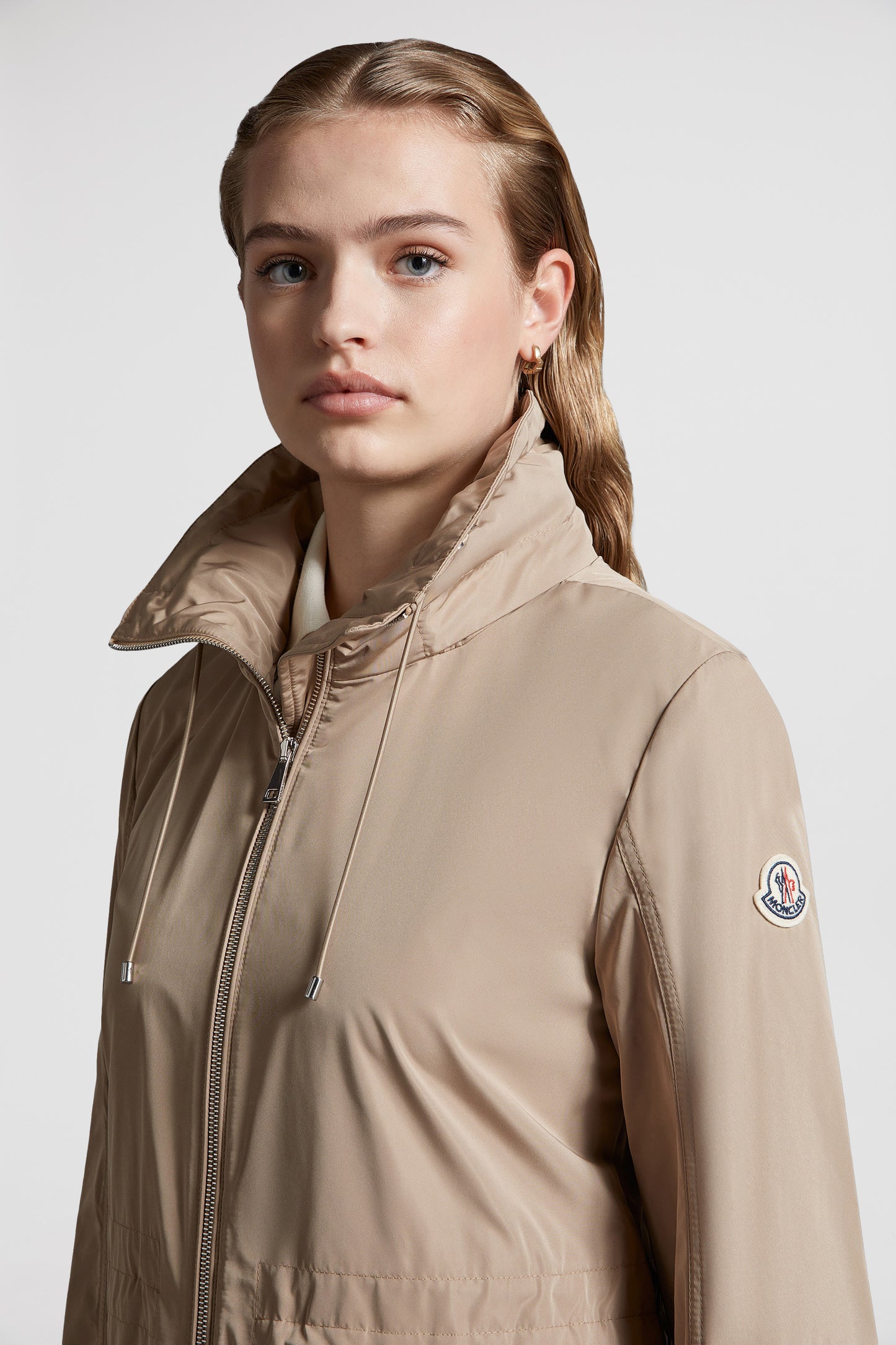 Beige parka, luxury outerwear, Moncler, elegant jacket, high-end fashion