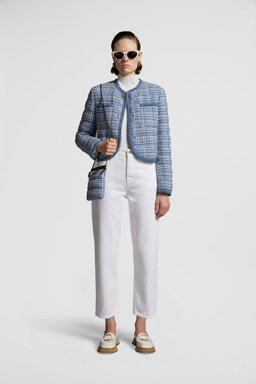 White mom jeans, Moncler jeans, luxury denim, high-waist jeans, premium women's jeans