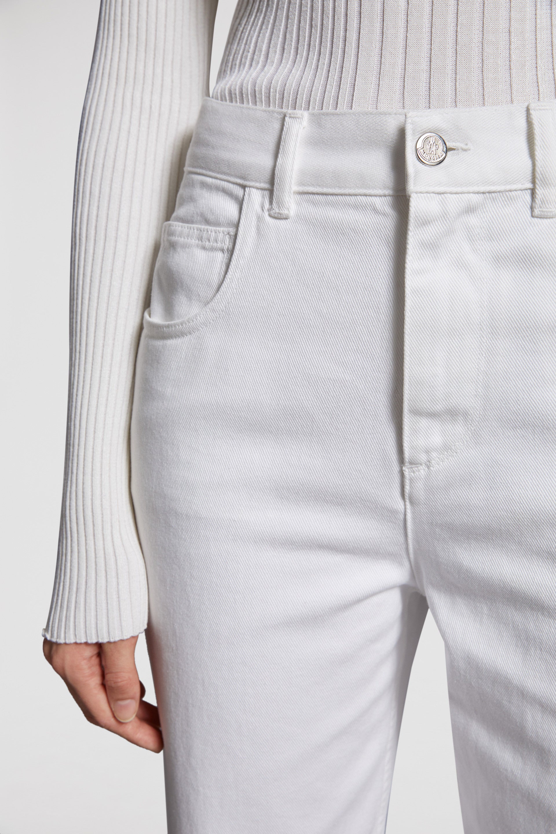 White mom jeans, Moncler jeans, luxury denim, high-waist jeans, premium women's jeans