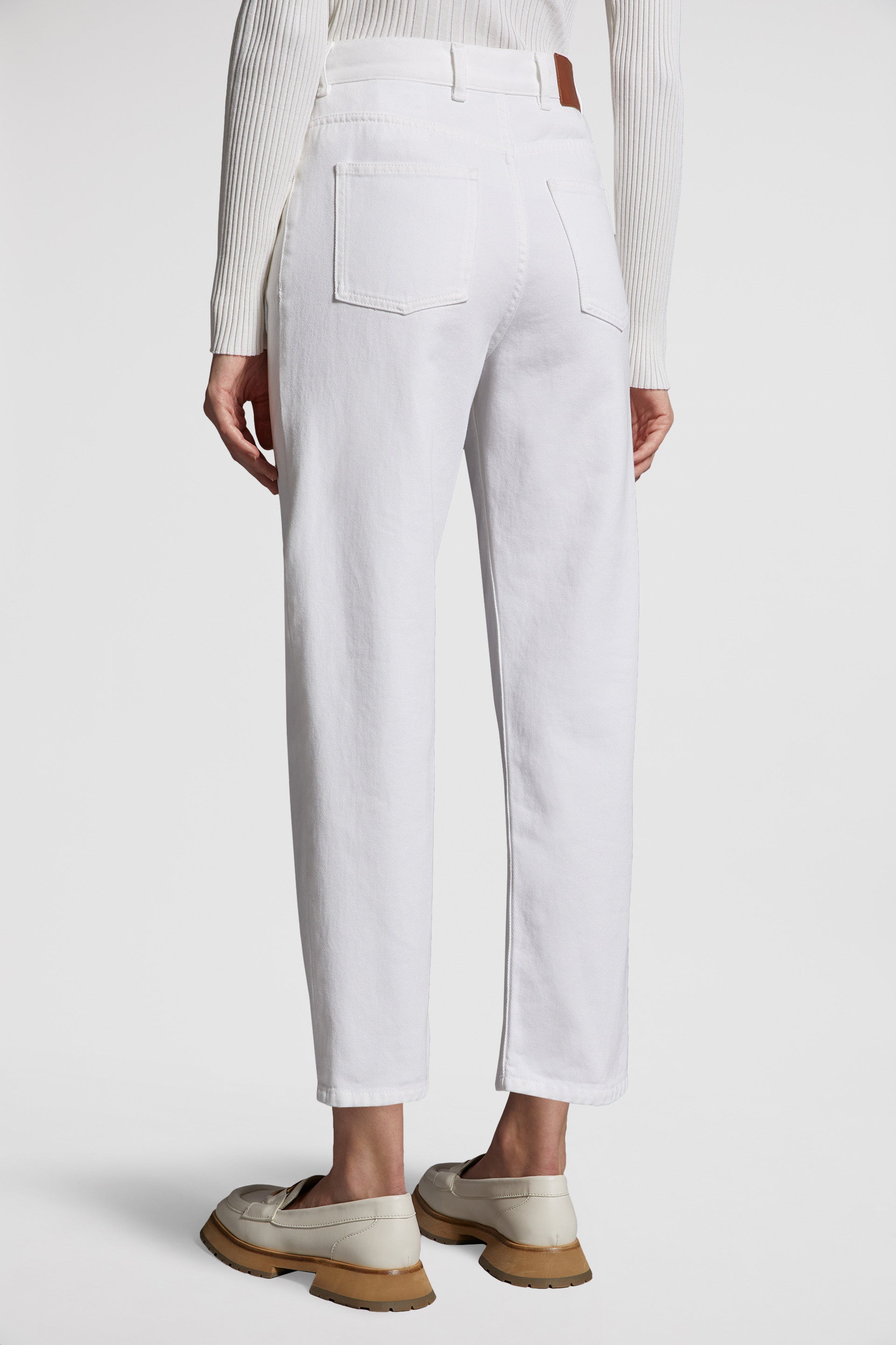 White mom jeans, Moncler jeans, luxury denim, high-waist jeans, premium women's jeans