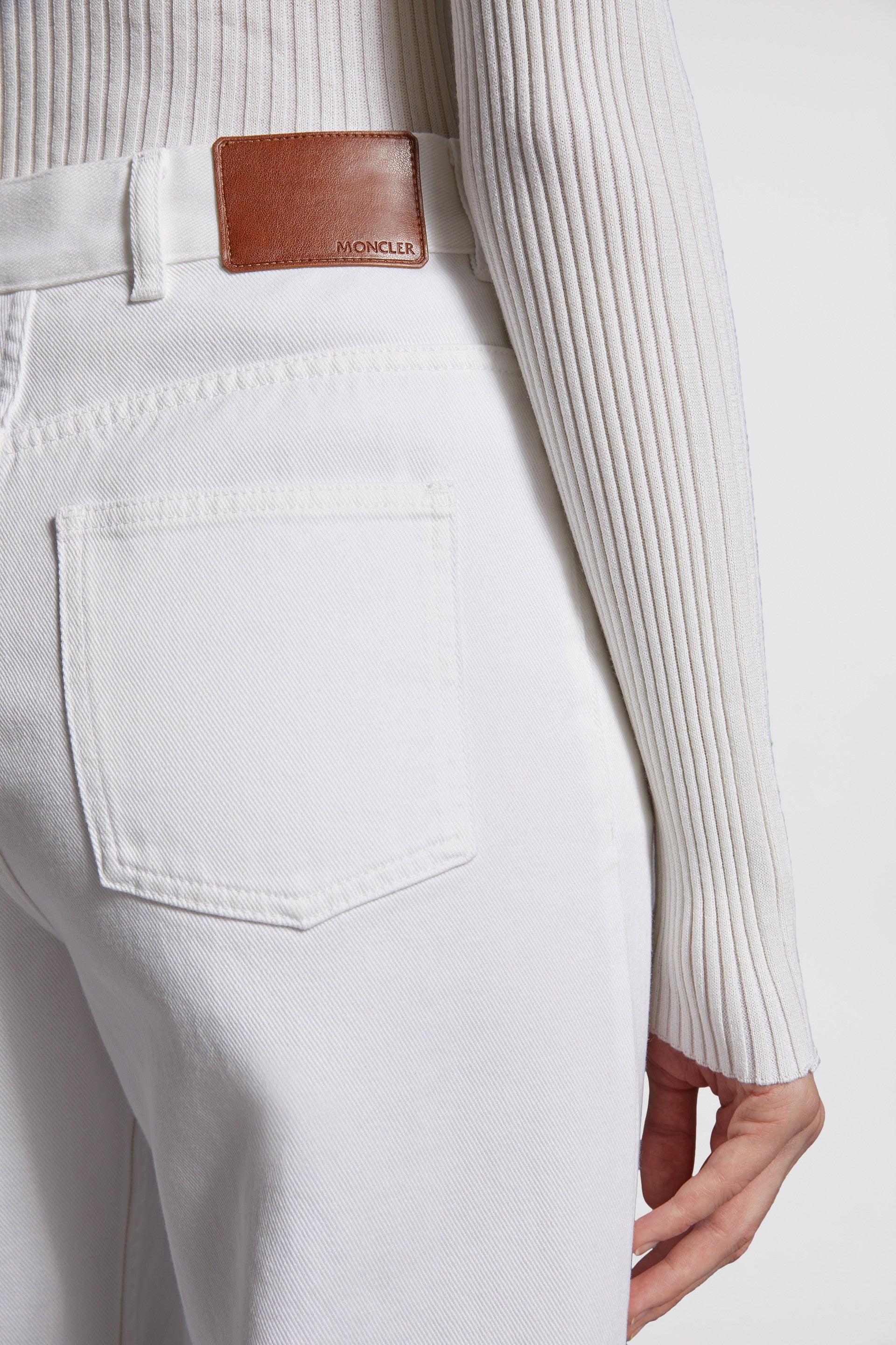 White mom jeans, Moncler jeans, luxury denim, high-waist jeans, premium women's jeans