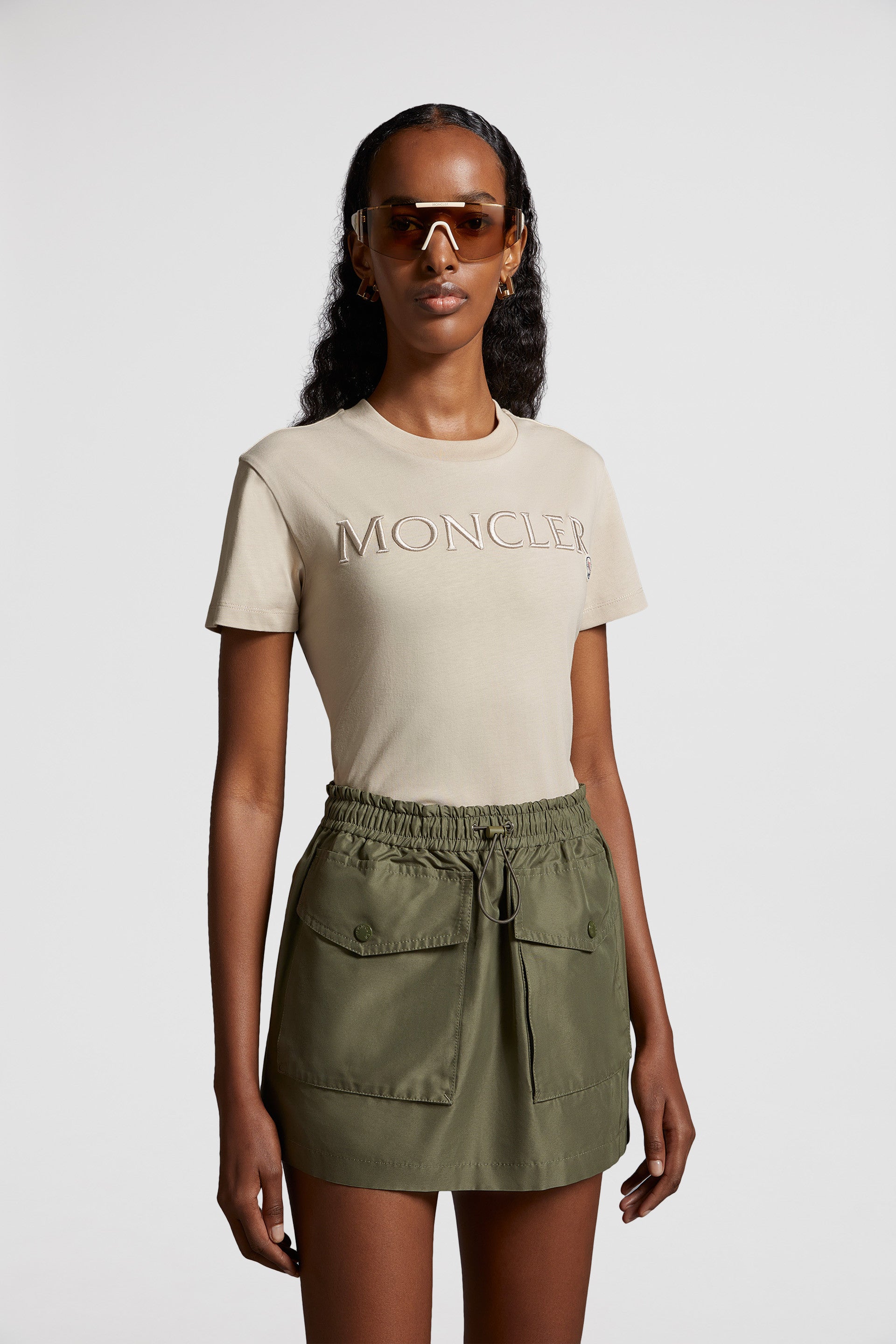 Monogram T-shirt, Luxury beige T-shirt, Moncler tops, High-end fashion, Designer T-shirt