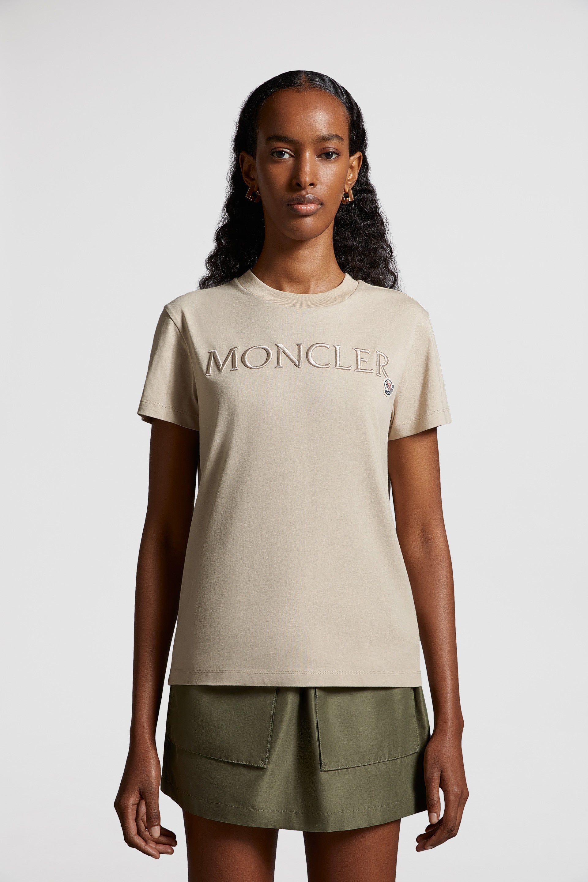 Monogram T-shirt, Luxury beige T-shirt, Moncler tops, High-end fashion, Designer T-shirt