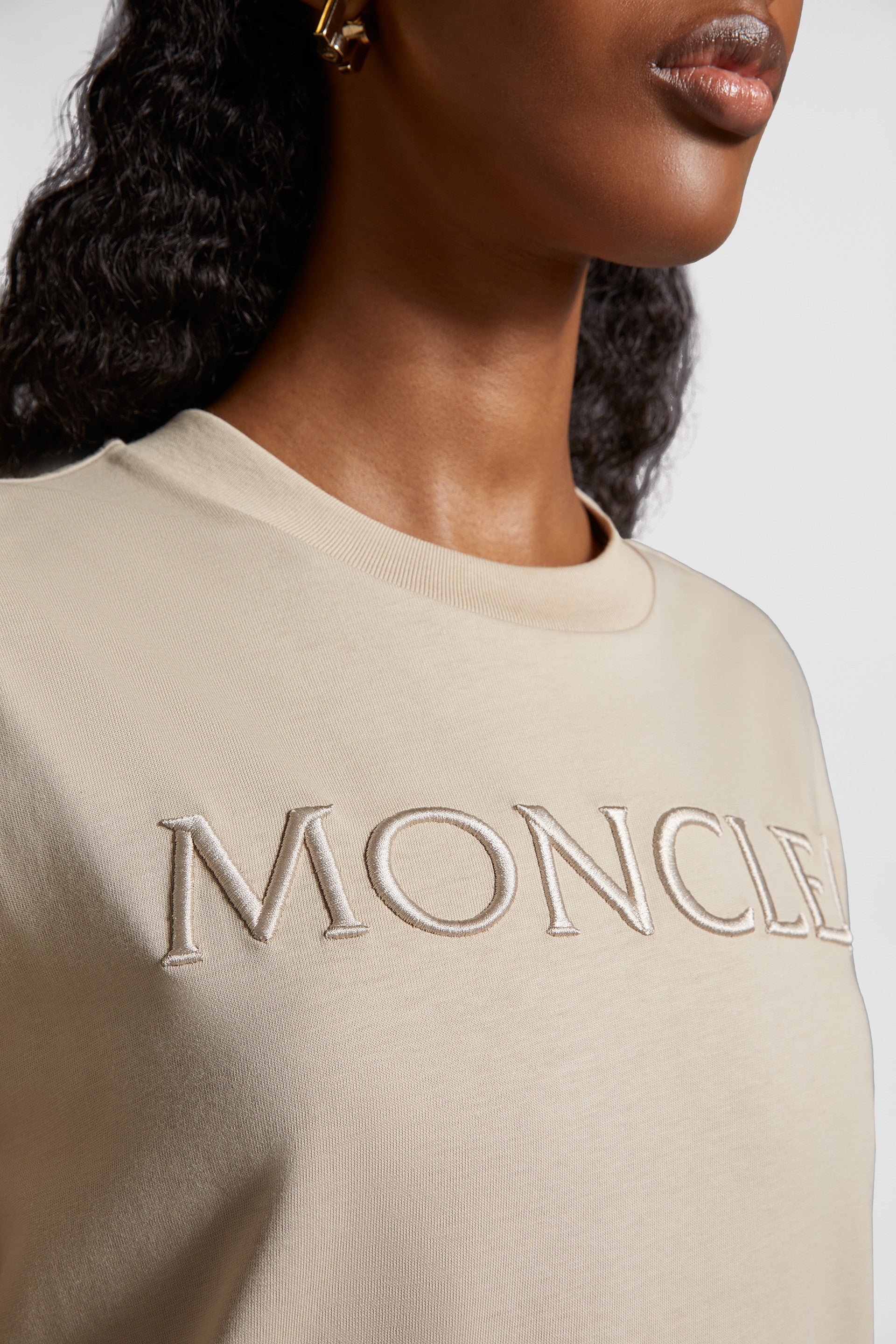 Monogram T-shirt, Luxury beige T-shirt, Moncler tops, High-end fashion, Designer T-shirt