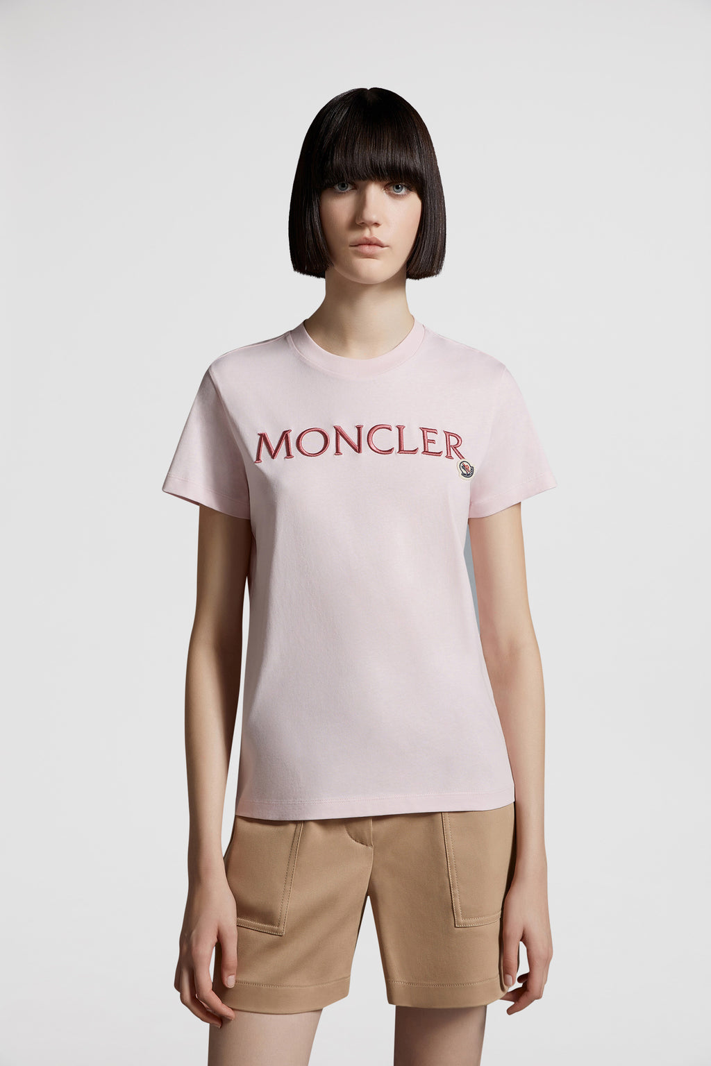 luxury T-shirt, Moncler logo shirt, pink designer T-shirt, high-end casual wear, elegant logo T-shirt