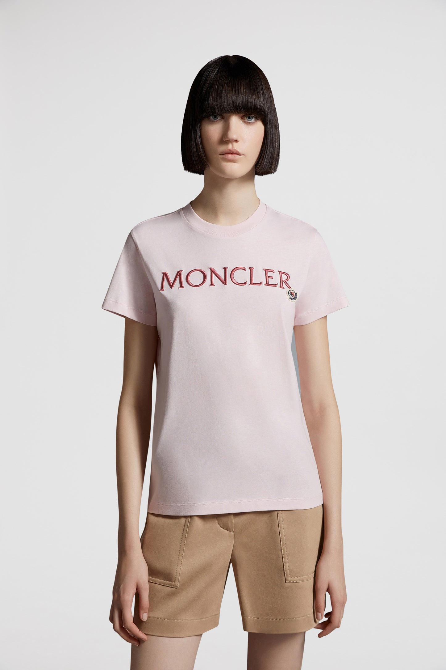 luxury T-shirt, Moncler logo shirt, pink designer T-shirt, high-end casual wear, elegant logo T-shirt