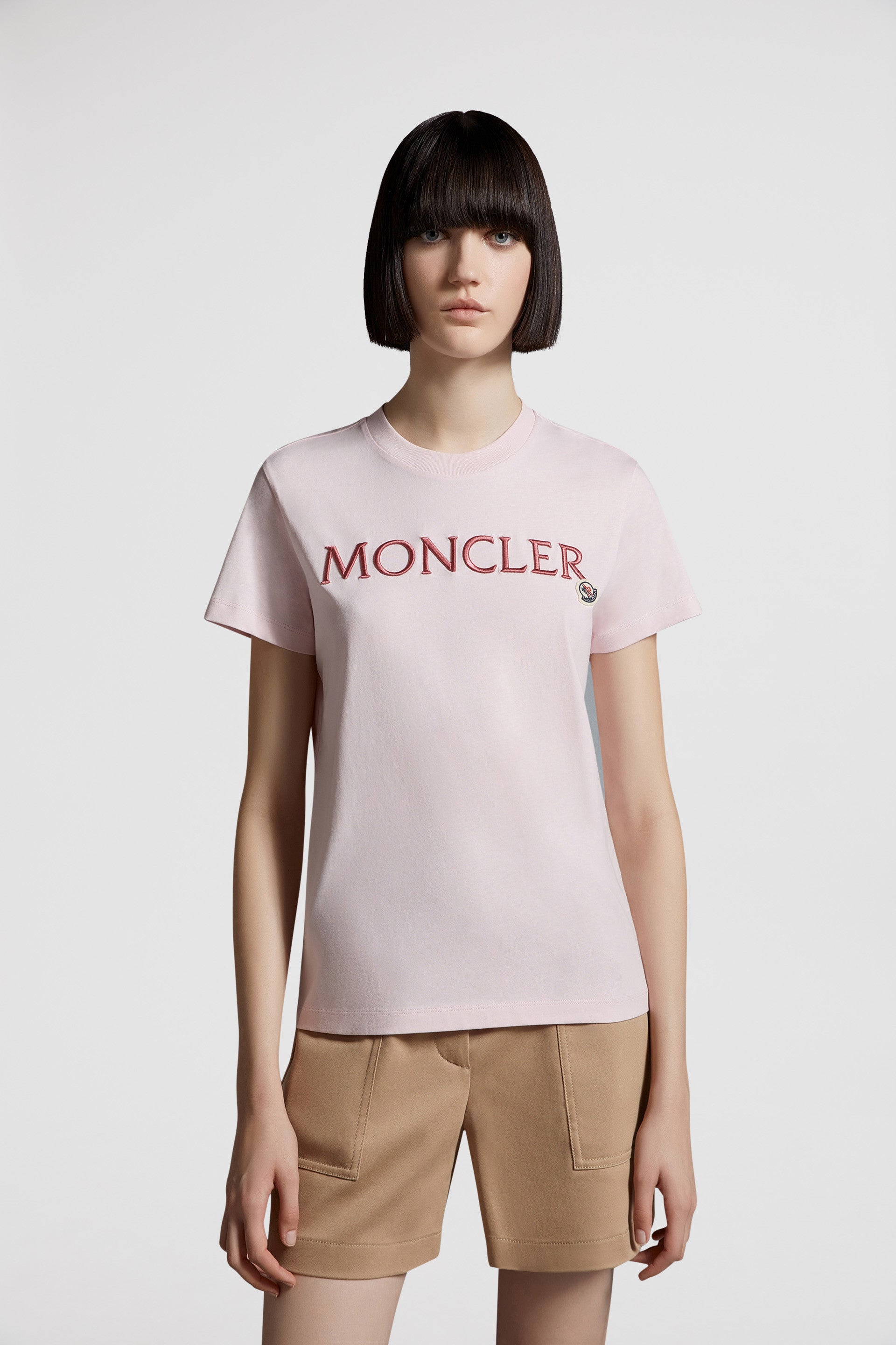 luxury T-shirt, Moncler logo shirt, pink designer T-shirt, high-end casual wear, elegant logo T-shirt