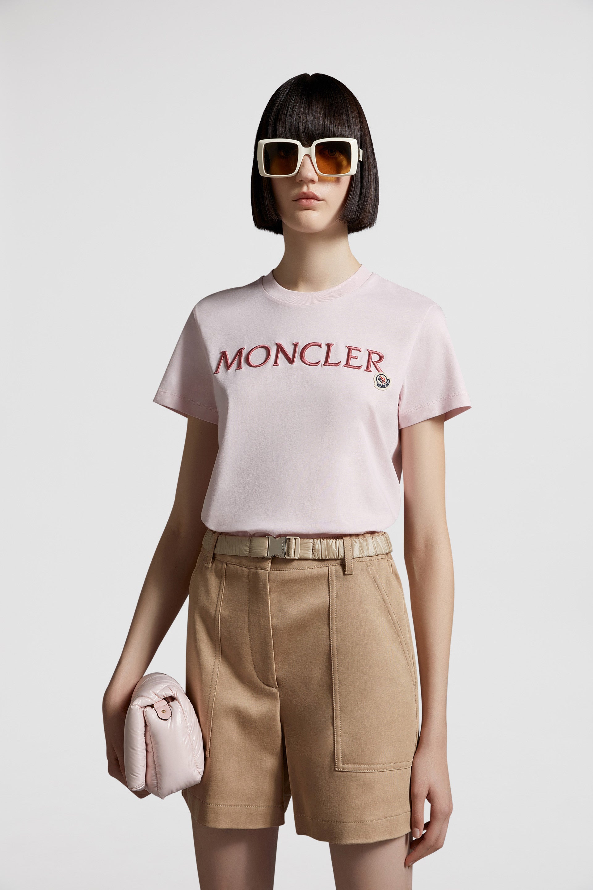 luxury T-shirt, Moncler logo shirt, pink designer T-shirt, high-end casual wear, elegant logo T-shirt