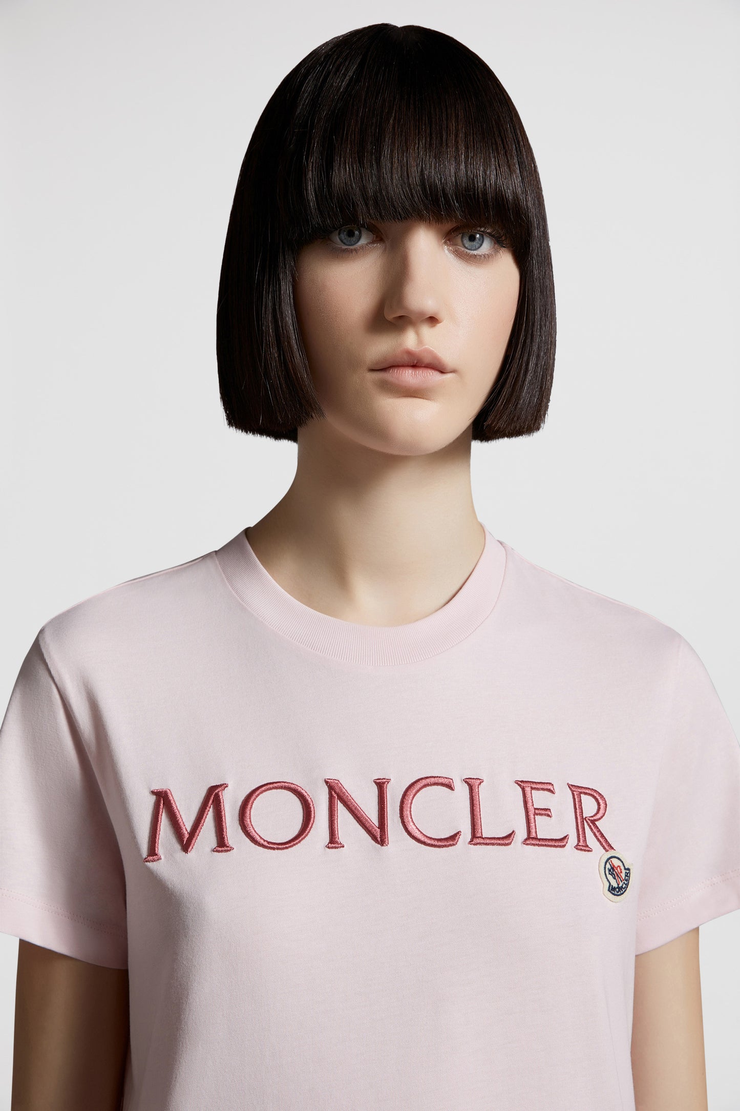 luxury T-shirt, Moncler logo shirt, pink designer T-shirt, high-end casual wear, elegant logo T-shirt