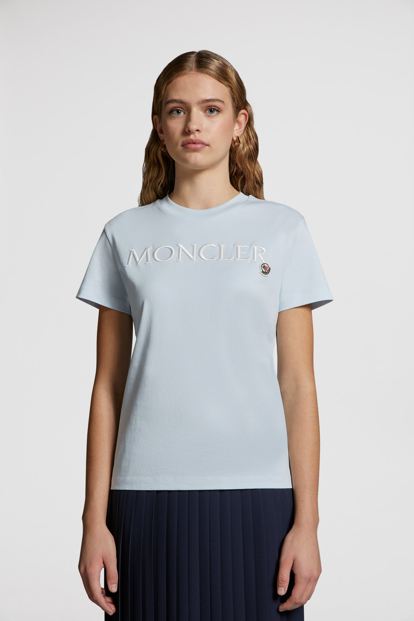 Moncler, blue T-shirt, logo print, luxury casual wear, high-quality T-shirt