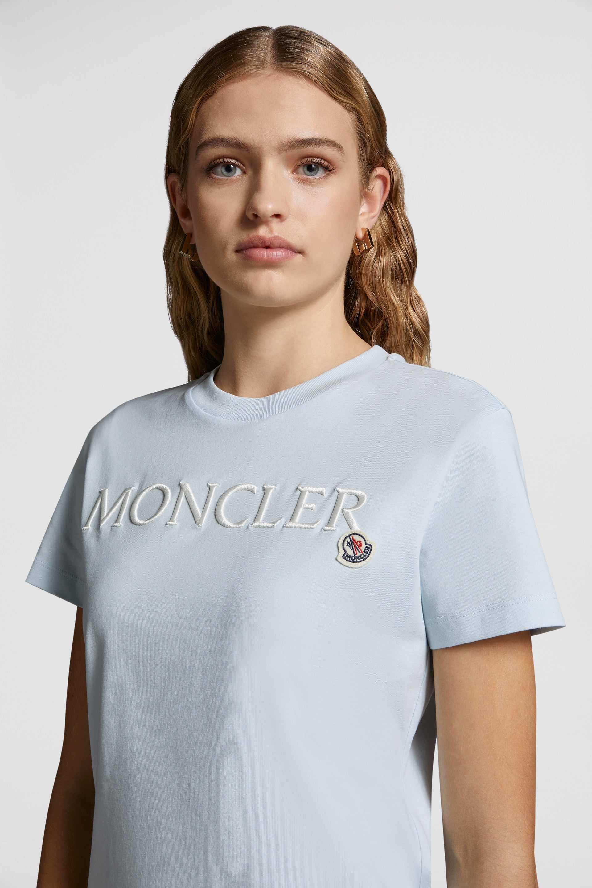 Moncler, blue T-shirt, logo print, luxury casual wear, high-quality T-shirt