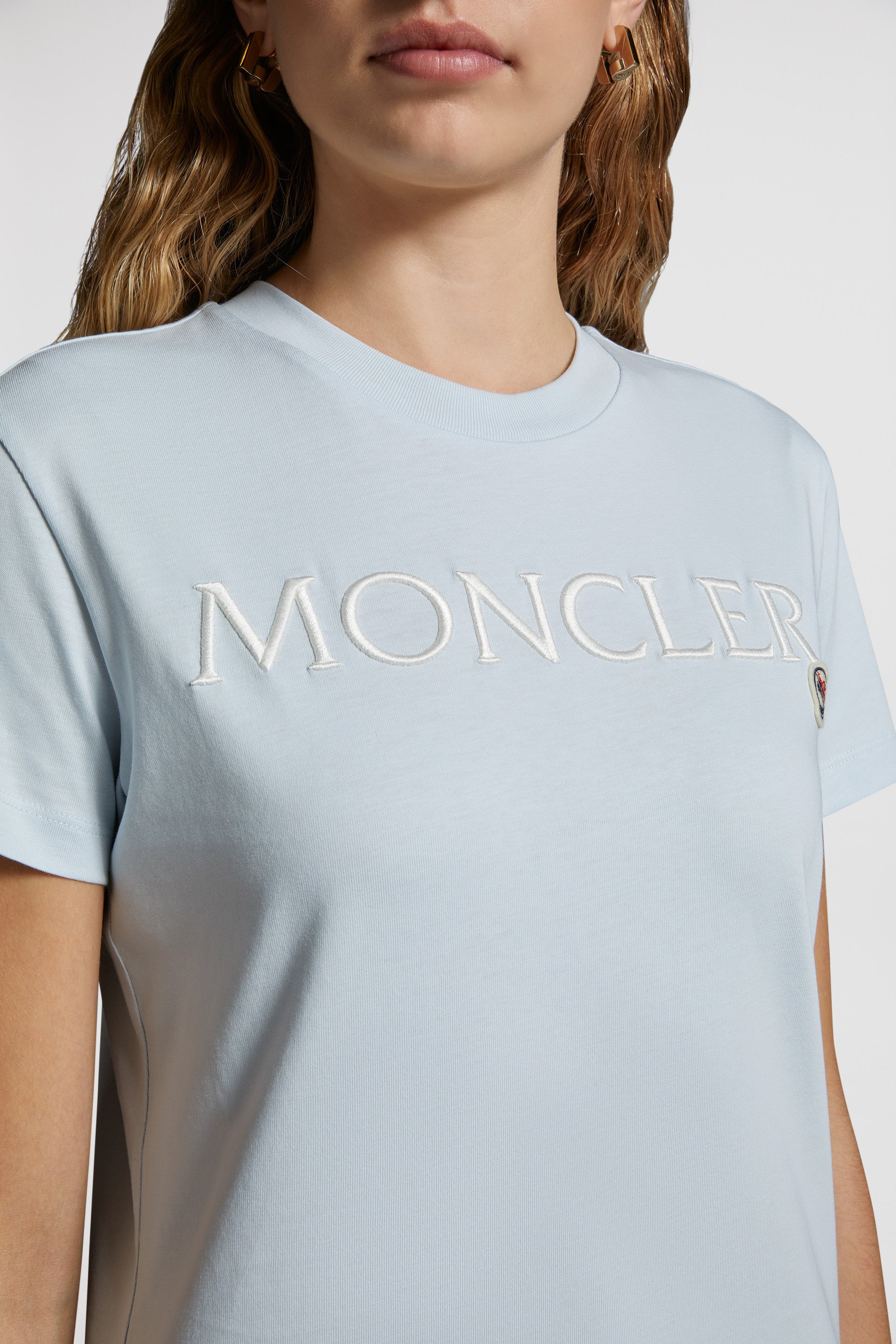 Moncler, blue T-shirt, logo print, luxury casual wear, high-quality T-shirt