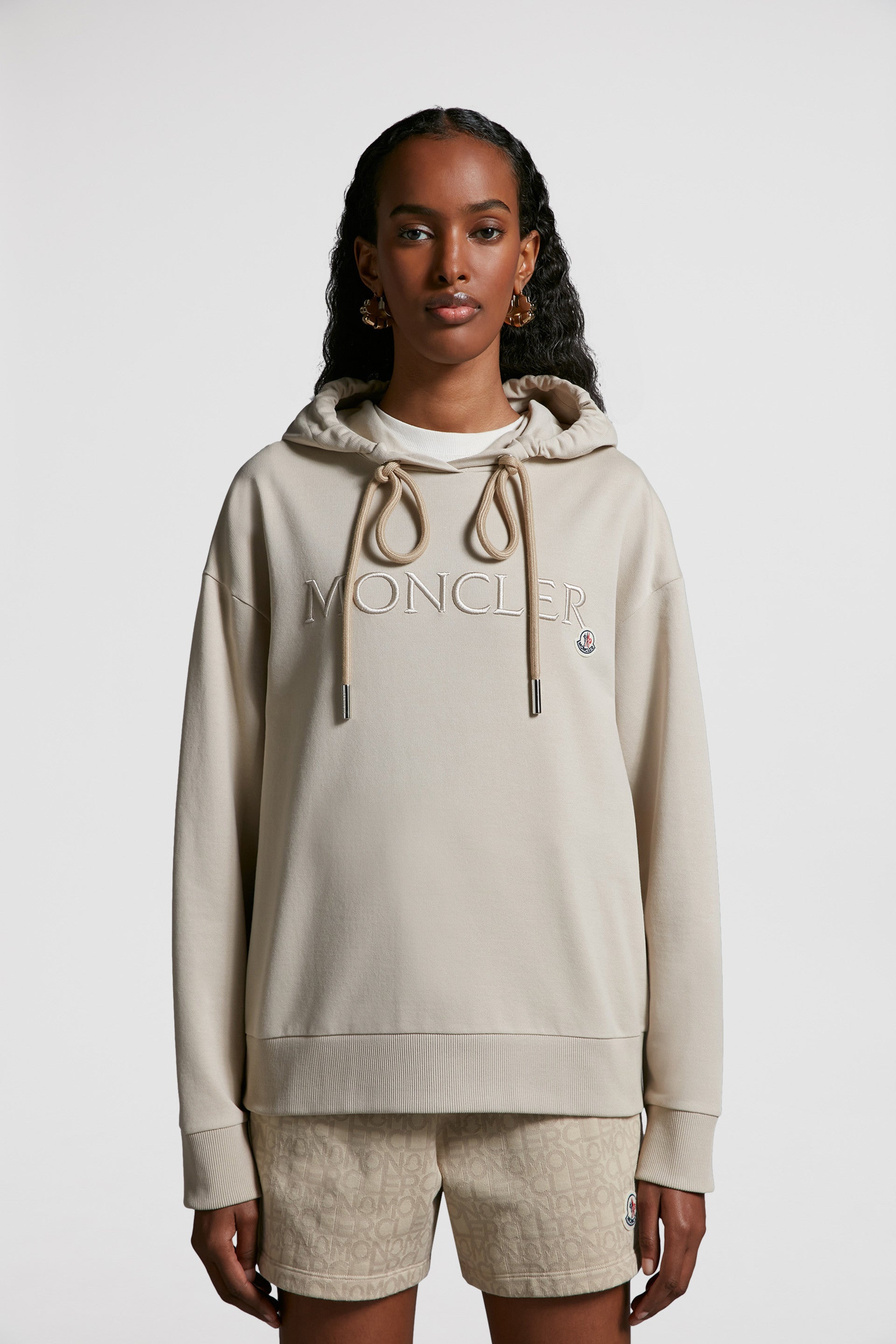 luxury hoodie, Moncler hoodie, beige cotton hoodie, logo hoodie, premium casual wear