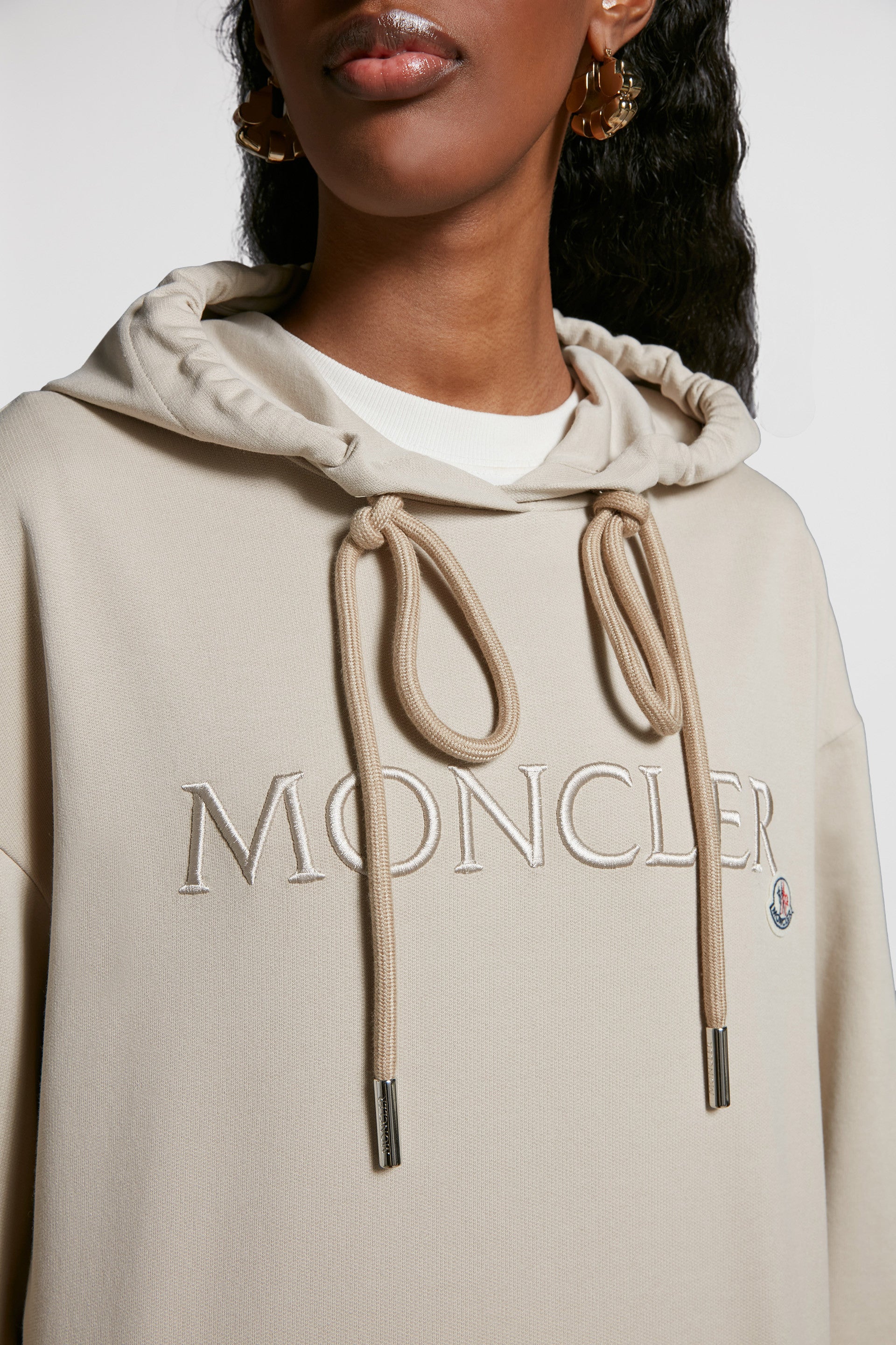 luxury hoodie, Moncler hoodie, beige cotton hoodie, logo hoodie, premium casual wear