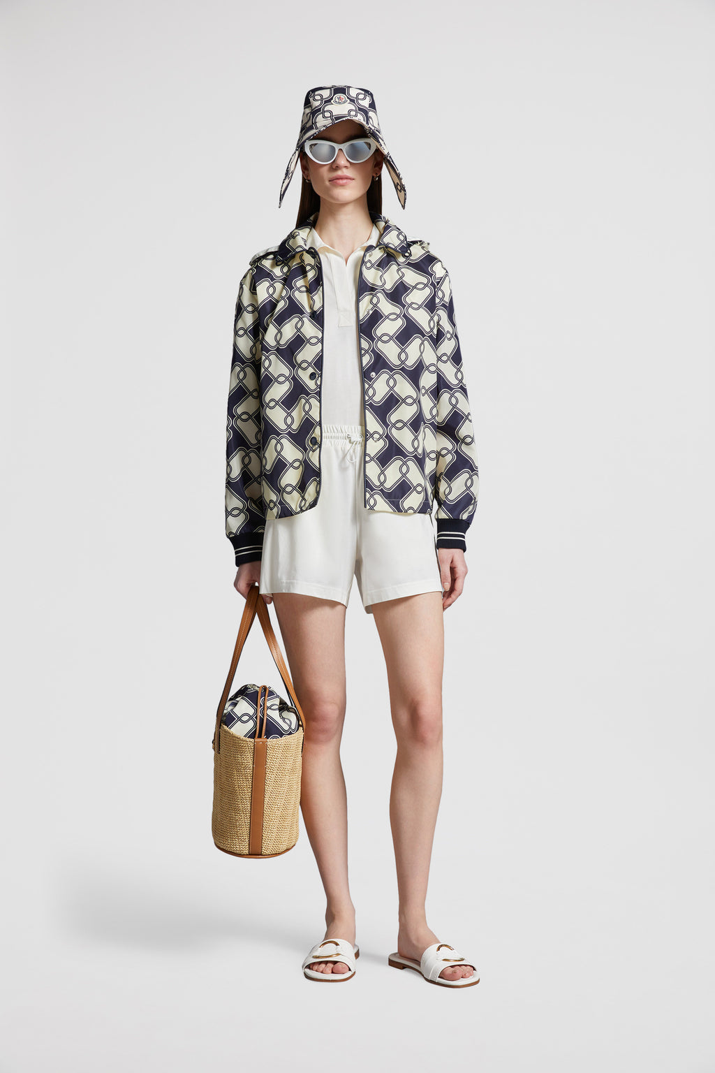 luxury cotton shorts, Moncler shorts, white cotton shorts, high-end fashion shorts, summer luxury wear