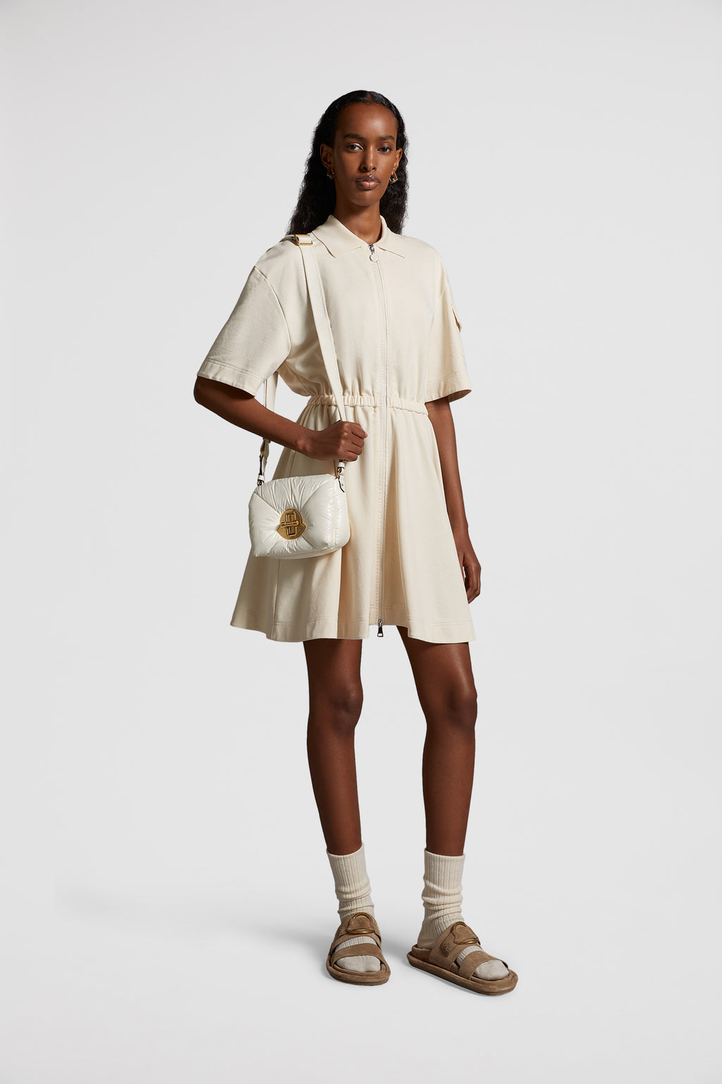 luxury dress, Moncler, flared dress, beige cotton dress, elegant fashion