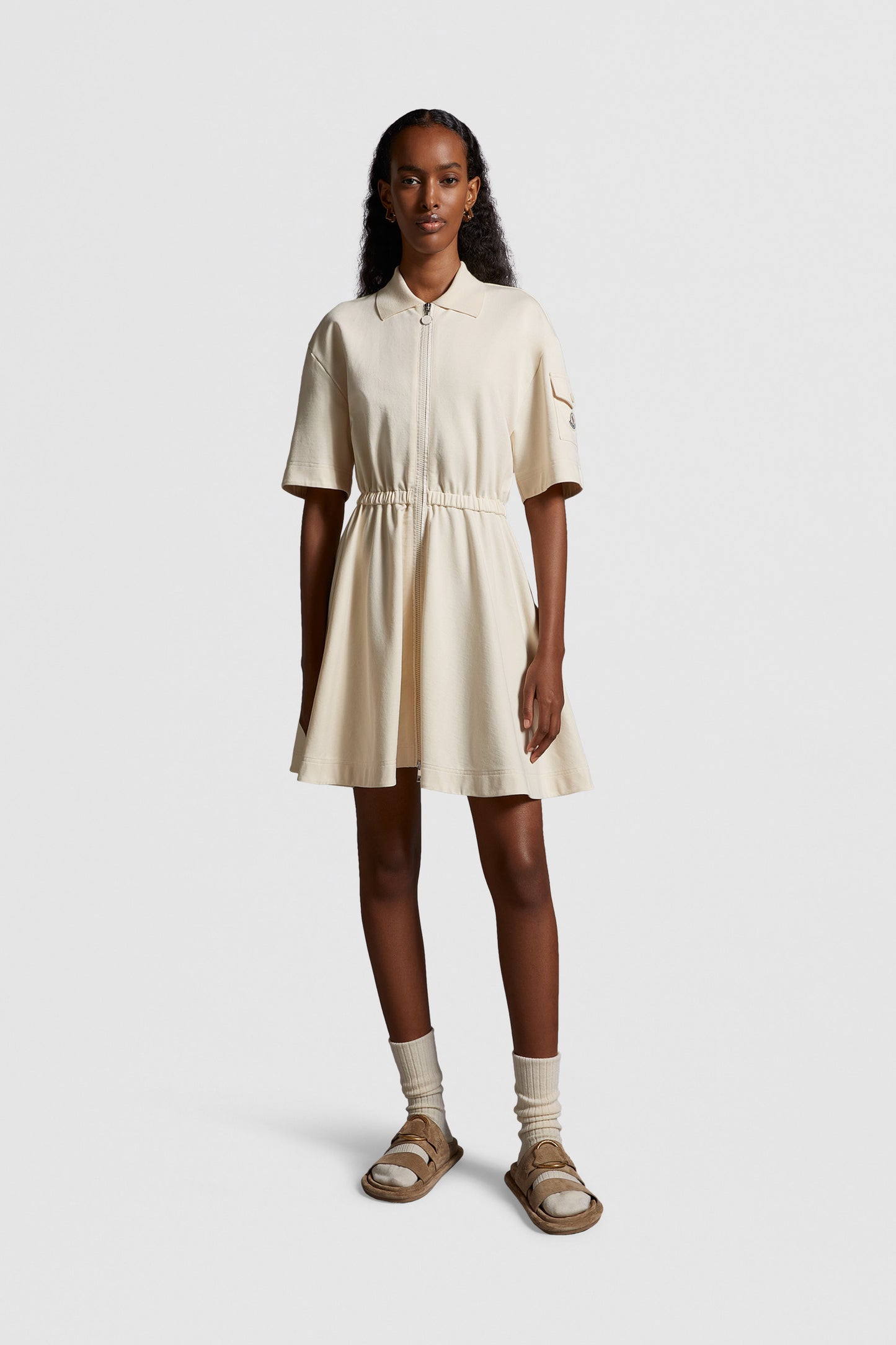 luxury dress, Moncler, flared dress, beige cotton dress, elegant fashion