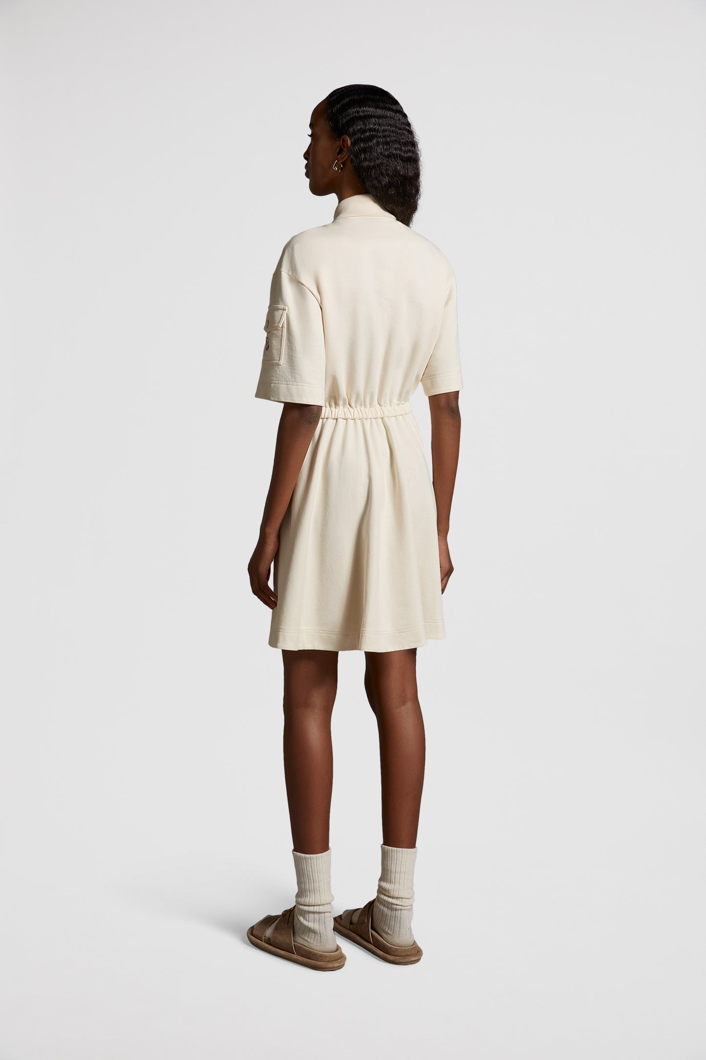 luxury dress, Moncler, flared dress, beige cotton dress, elegant fashion