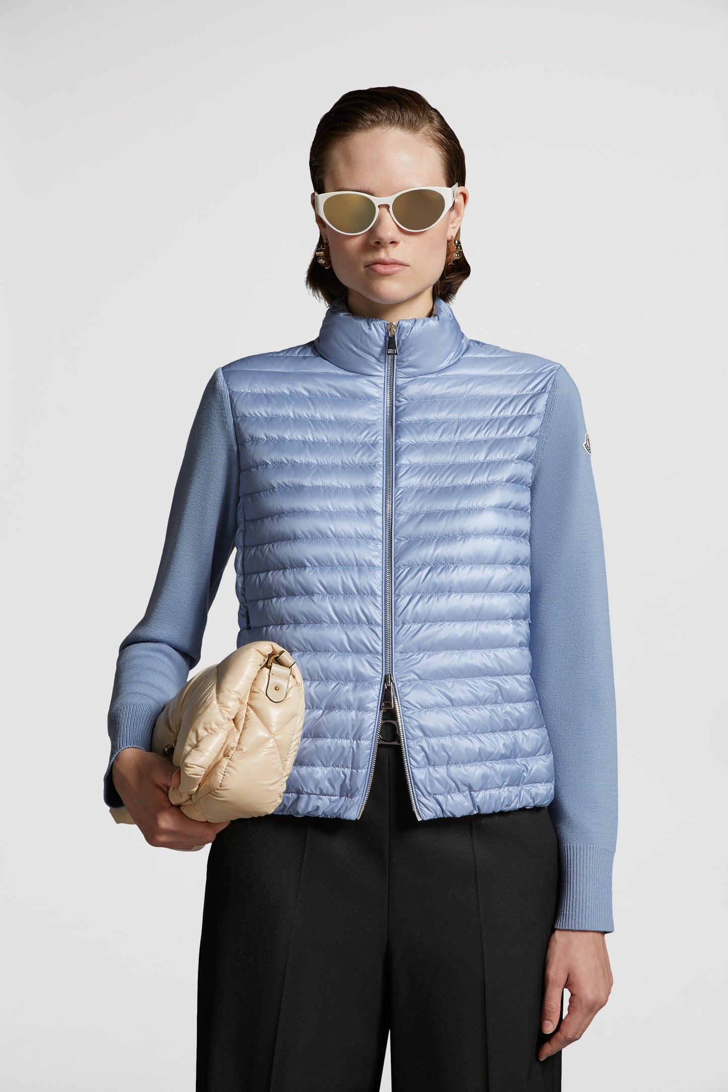 quilted jacket, mixed-material jacket, luxury outerwear, blue jacket, Moncler jacket