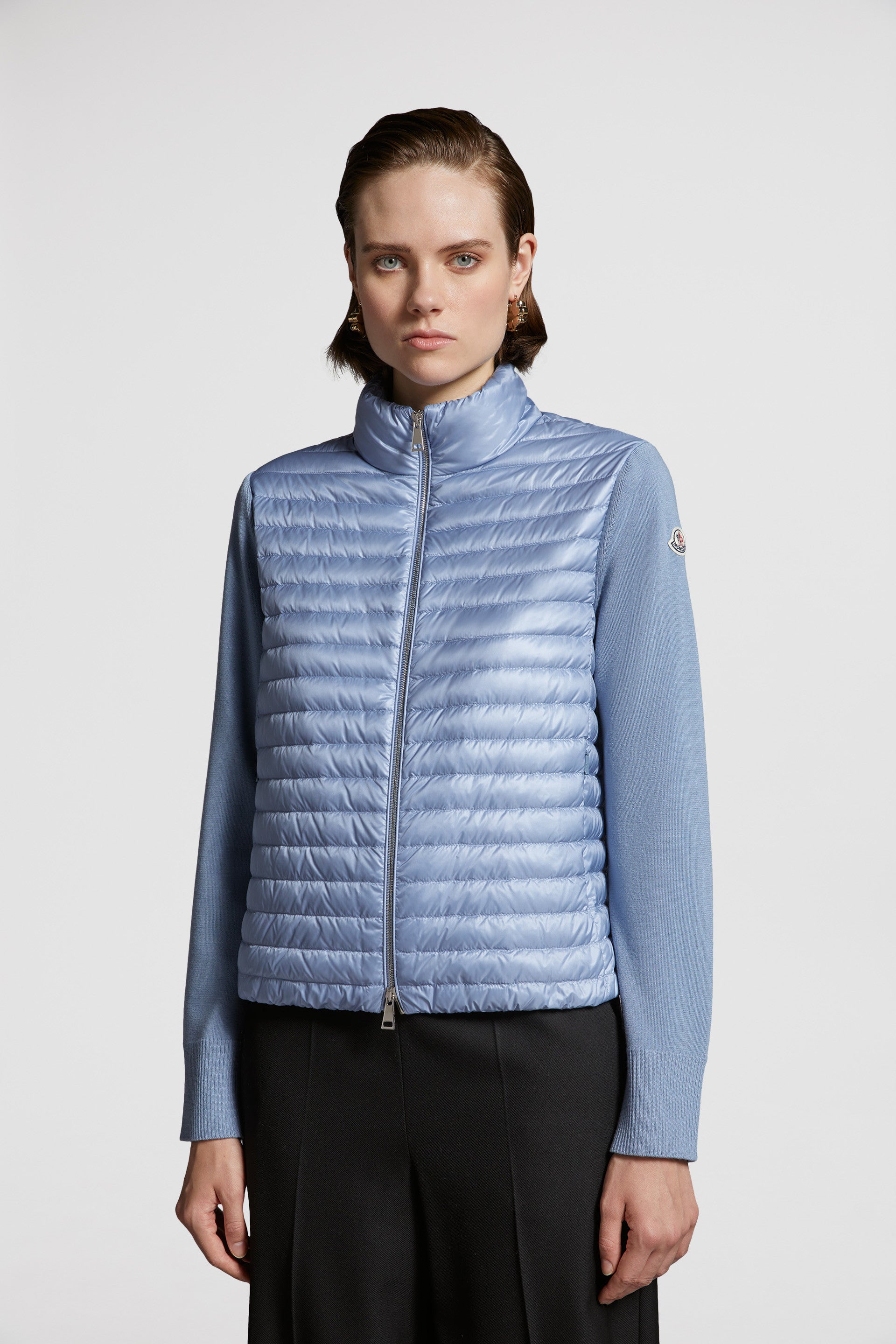 quilted jacket, mixed-material jacket, luxury outerwear, blue jacket, Moncler jacket