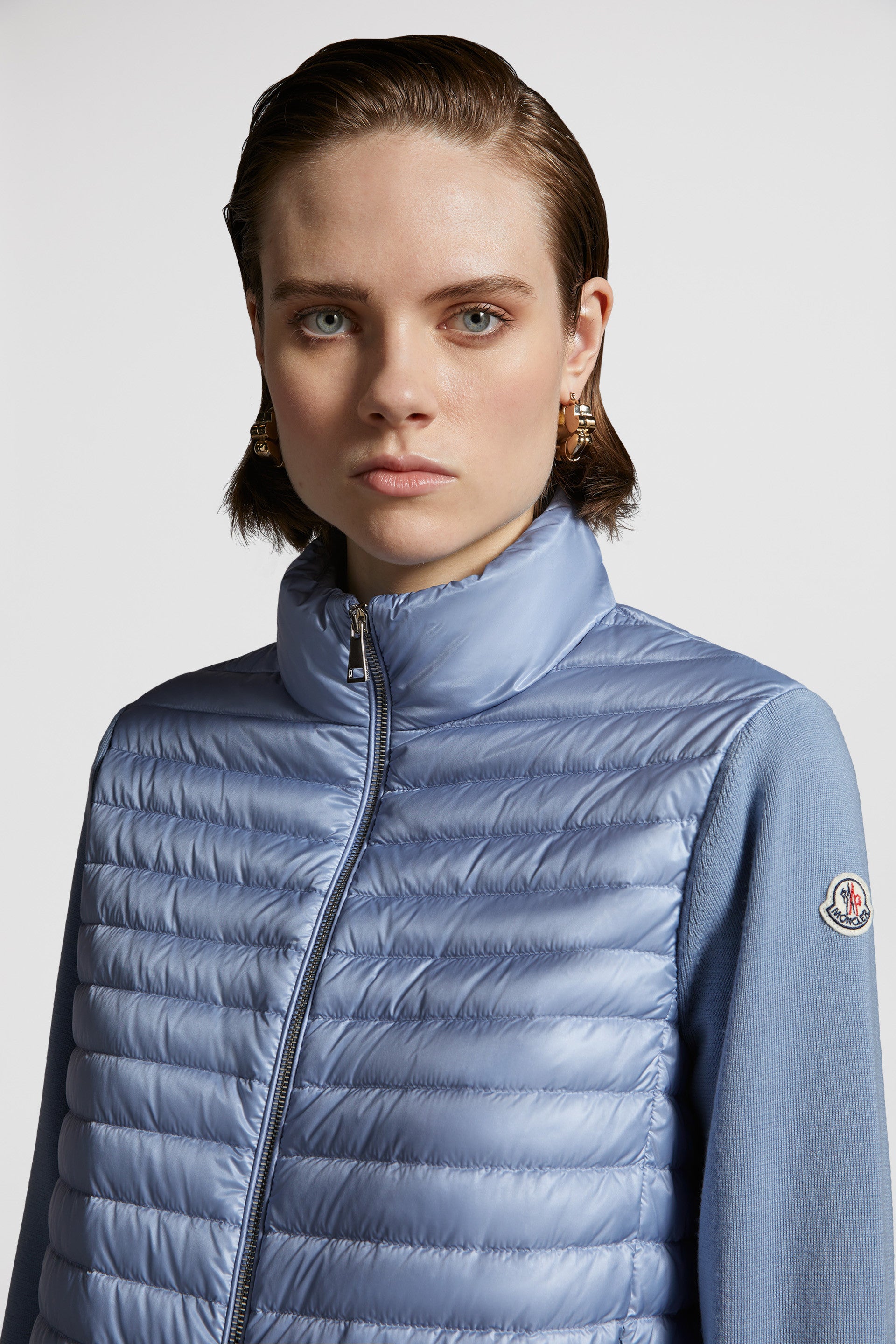 quilted jacket, mixed-material jacket, luxury outerwear, blue jacket, Moncler jacket