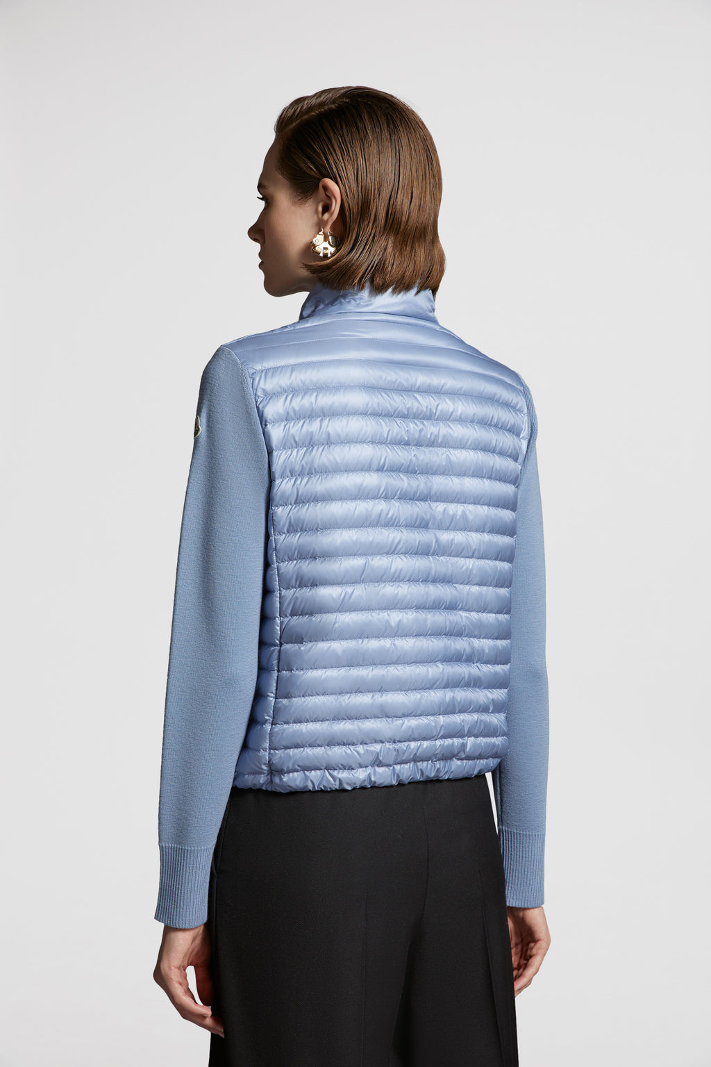 quilted jacket, mixed-material jacket, luxury outerwear, blue jacket, Moncler jacket