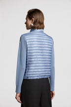 quilted jacket, mixed-material jacket, luxury outerwear, blue jacket, Moncler jacket