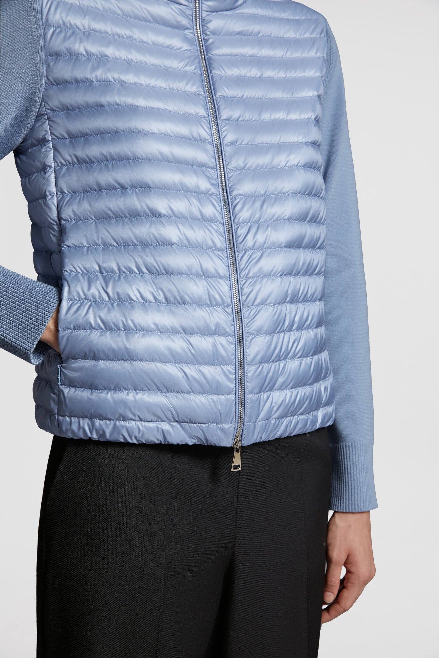 quilted jacket, mixed-material jacket, luxury outerwear, blue jacket, Moncler jacket