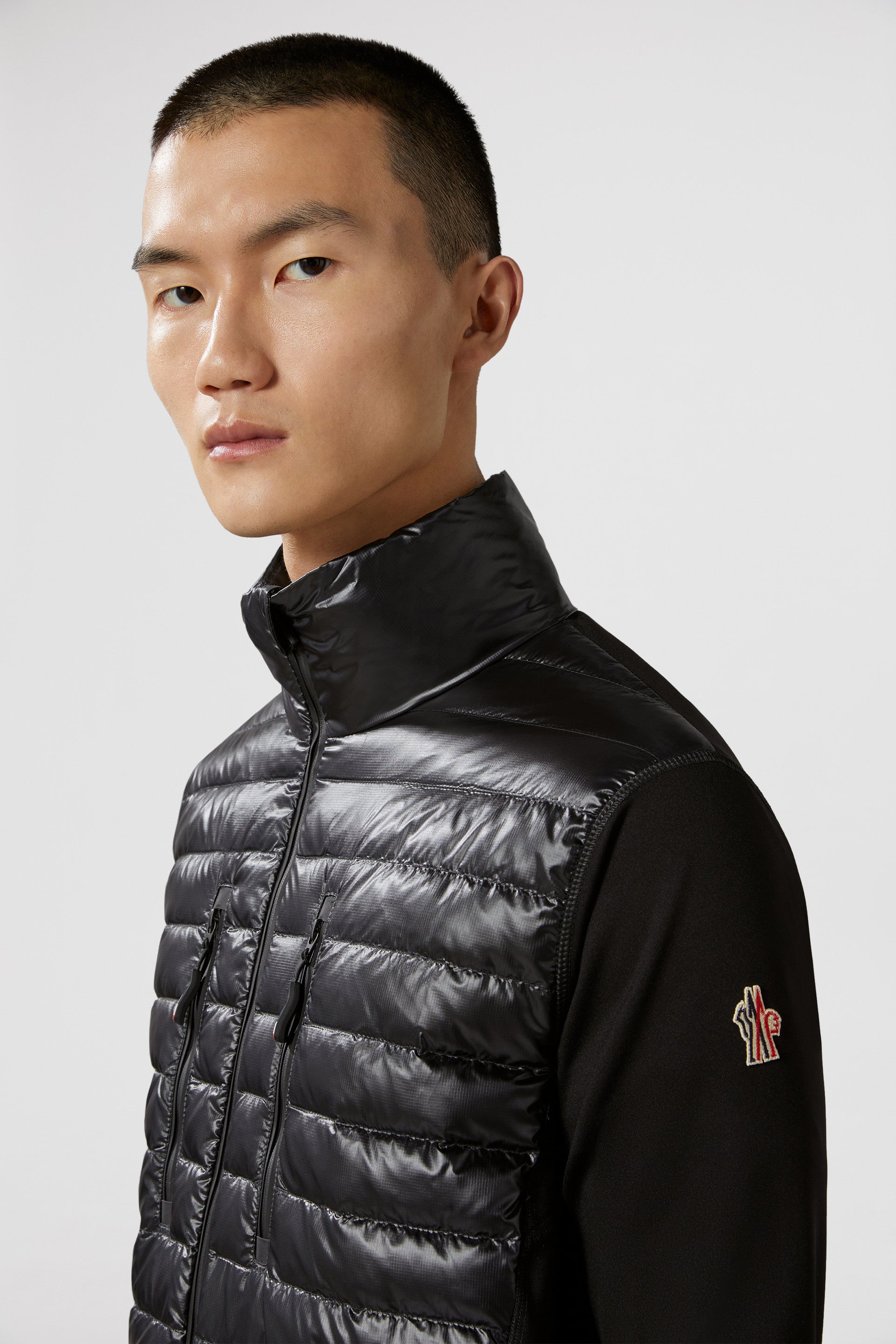 black nylon jacket, luxury outerwear, Moncler Grenoble, high-end fashion jackets, bi-material jacket