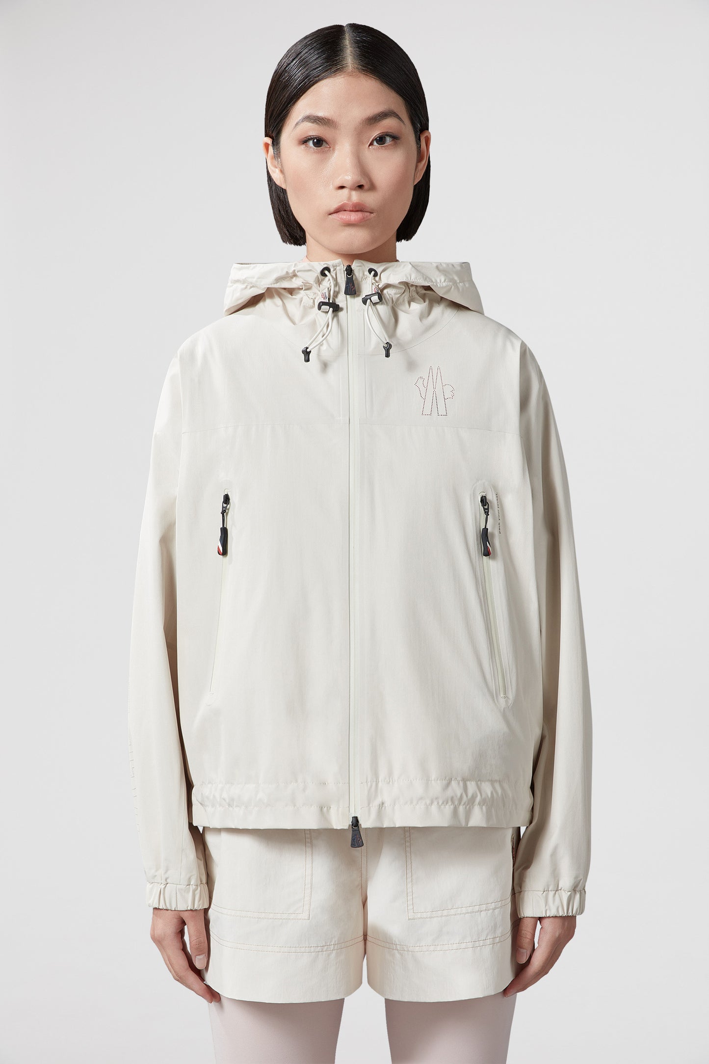 luxury windbreaker, beige nylon jacket, Moncler Grenoble, high-end outerwear, versatile ladies' jacket