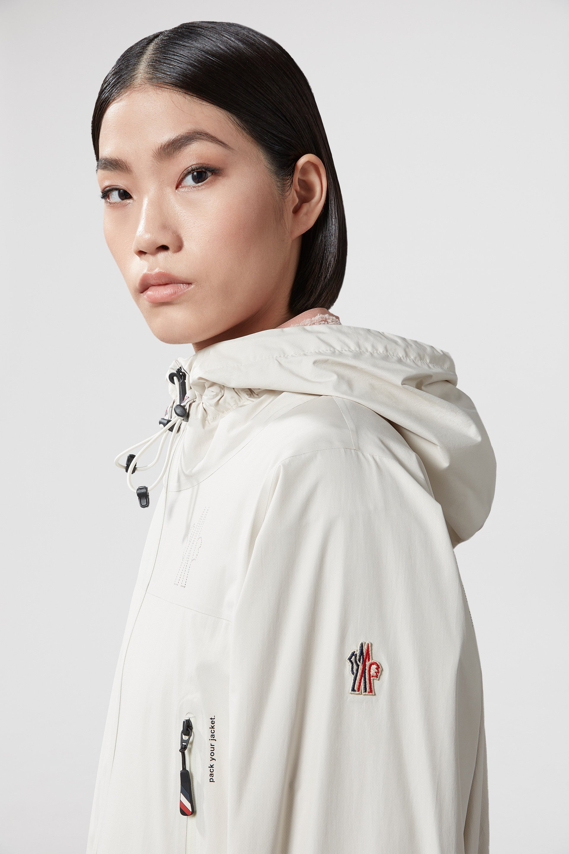 luxury windbreaker, beige nylon jacket, Moncler Grenoble, high-end outerwear, versatile ladies' jacket