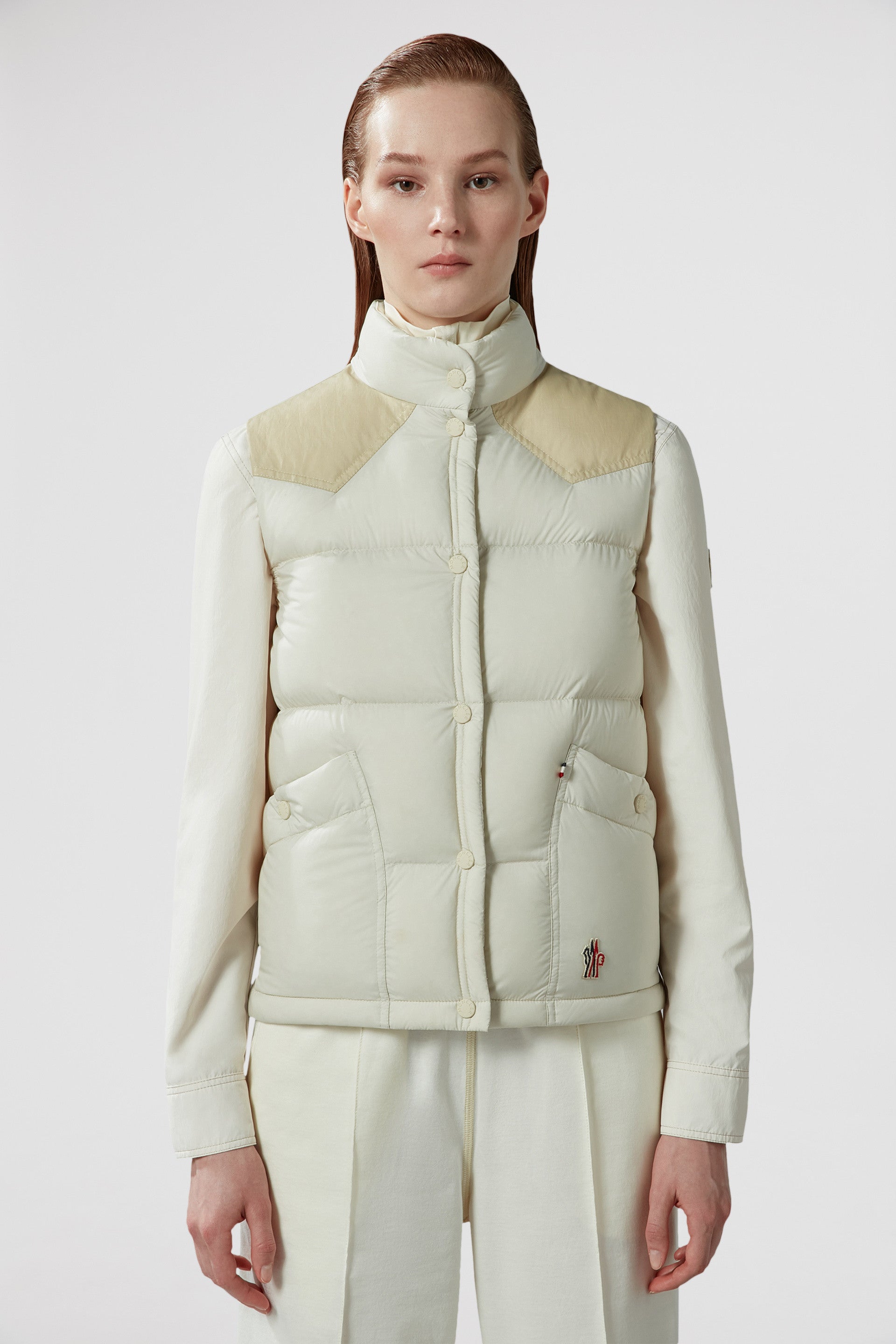 sleeveless puffer jacket, Moncler Grenoble, beige outerwear, luxury winter vest, down-filled jacket