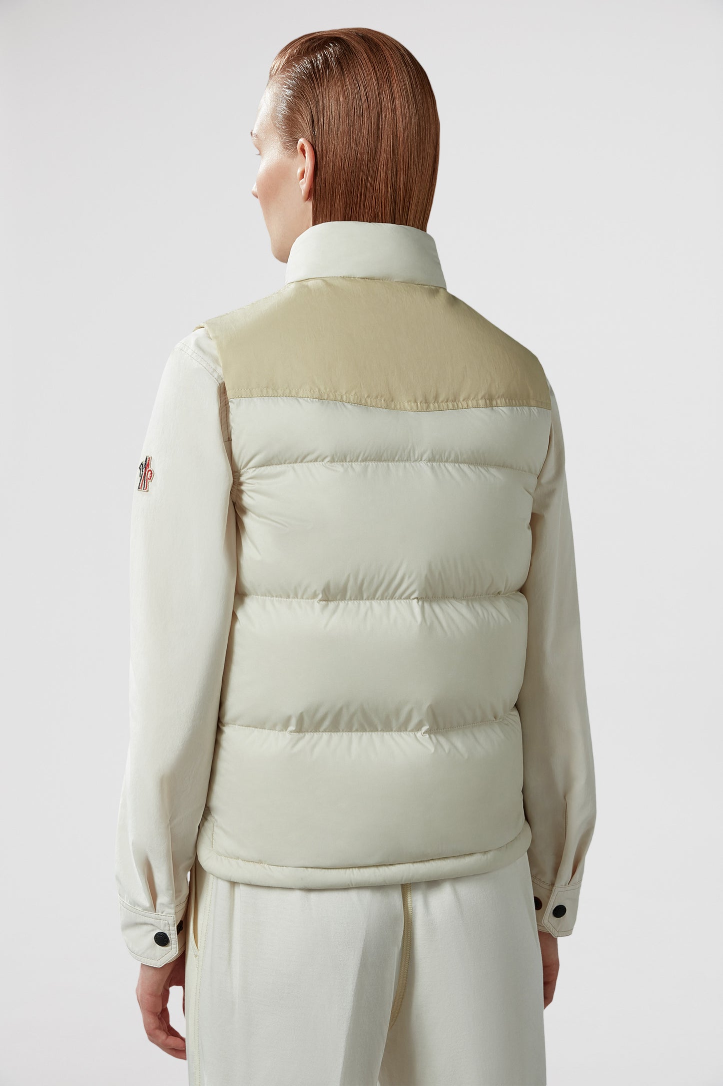 sleeveless puffer jacket, Moncler Grenoble, beige outerwear, luxury winter vest, down-filled jacket