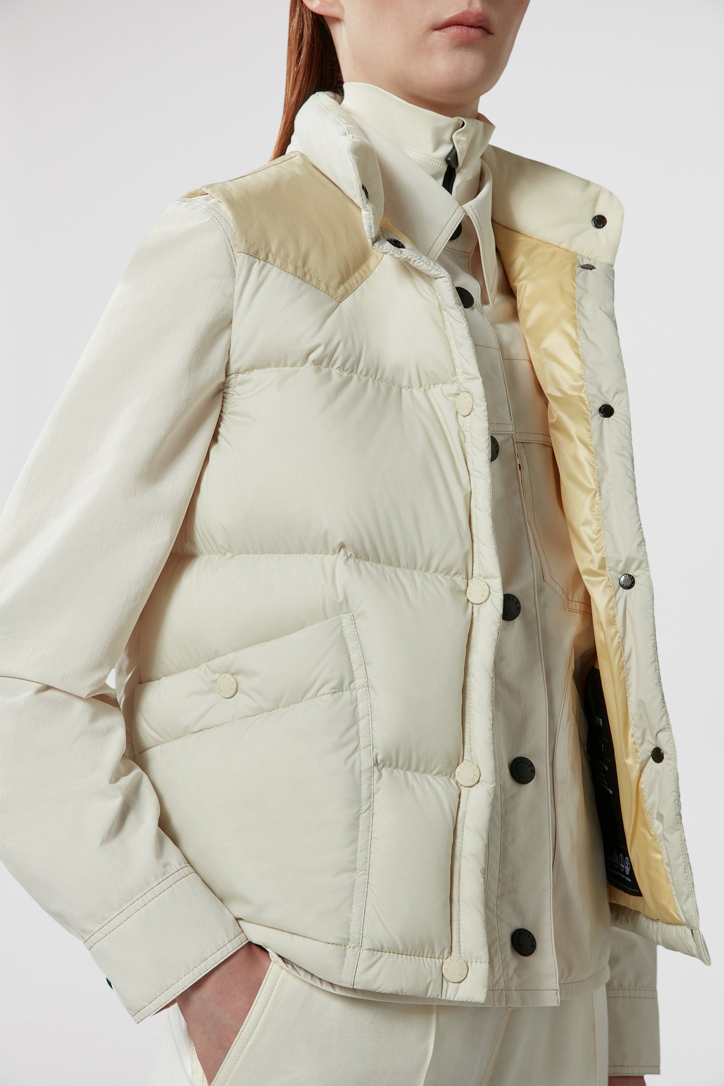 sleeveless puffer jacket, Moncler Grenoble, beige outerwear, luxury winter vest, down-filled jacket