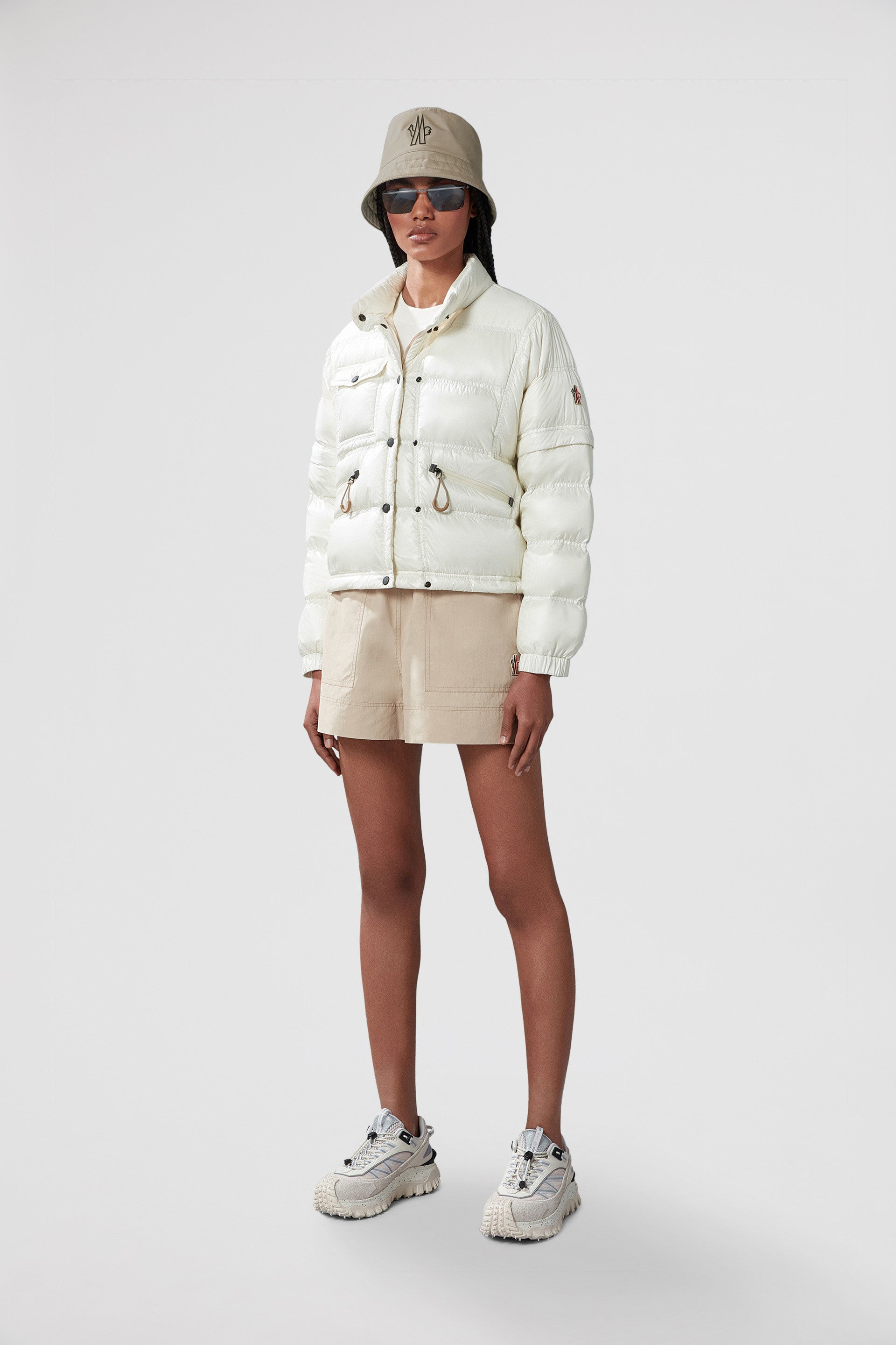 beige nylon bomber jacket, luxury outerwear, Moncler Grenoble, elegant bomber jacket, high fashion jackets