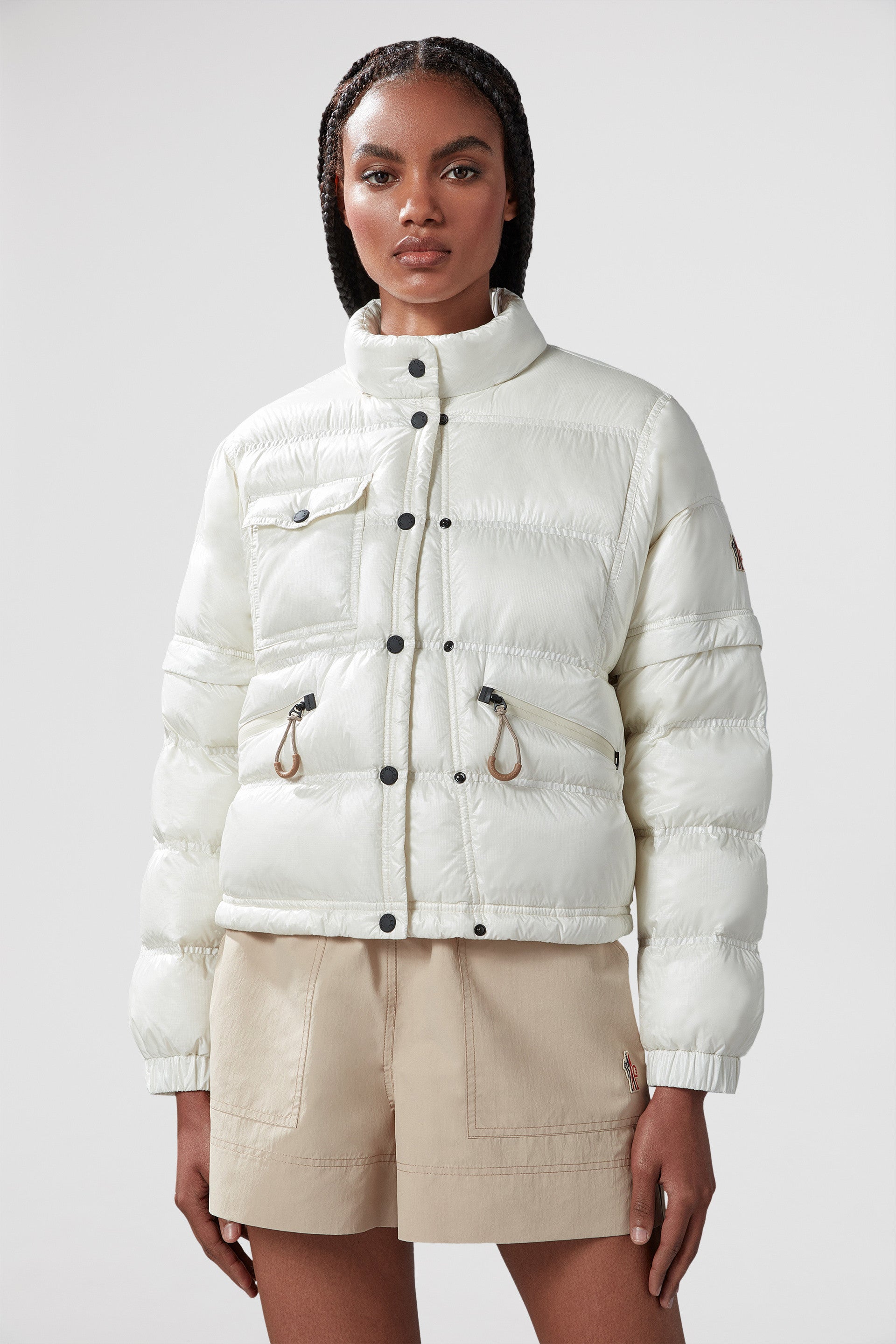 beige nylon bomber jacket, luxury outerwear, Moncler Grenoble, elegant bomber jacket, high fashion jackets