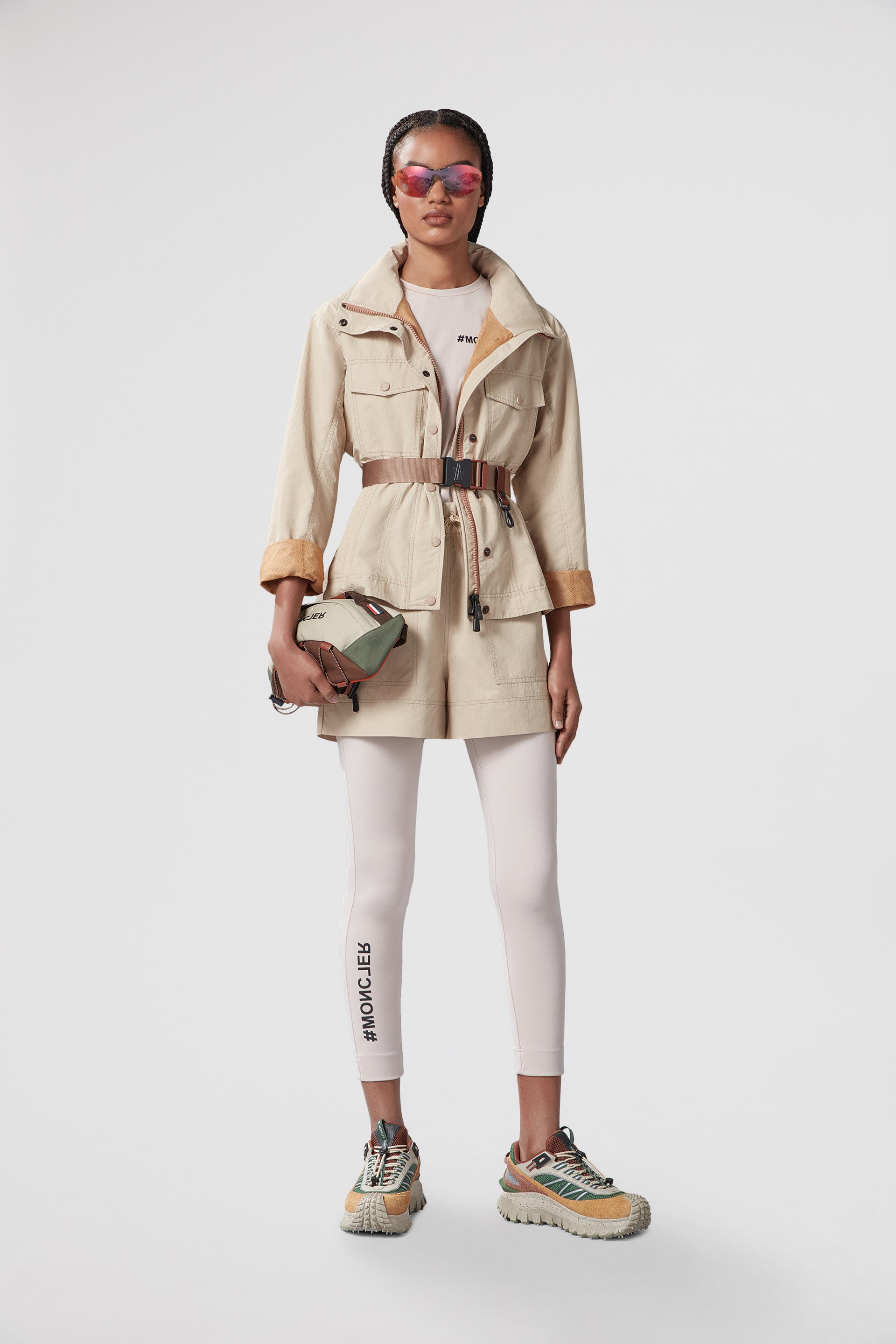 beige nylon shorts, Moncler Grenoble, luxury leisurewear, Spring-Summer 2024, technical crinkled fabric