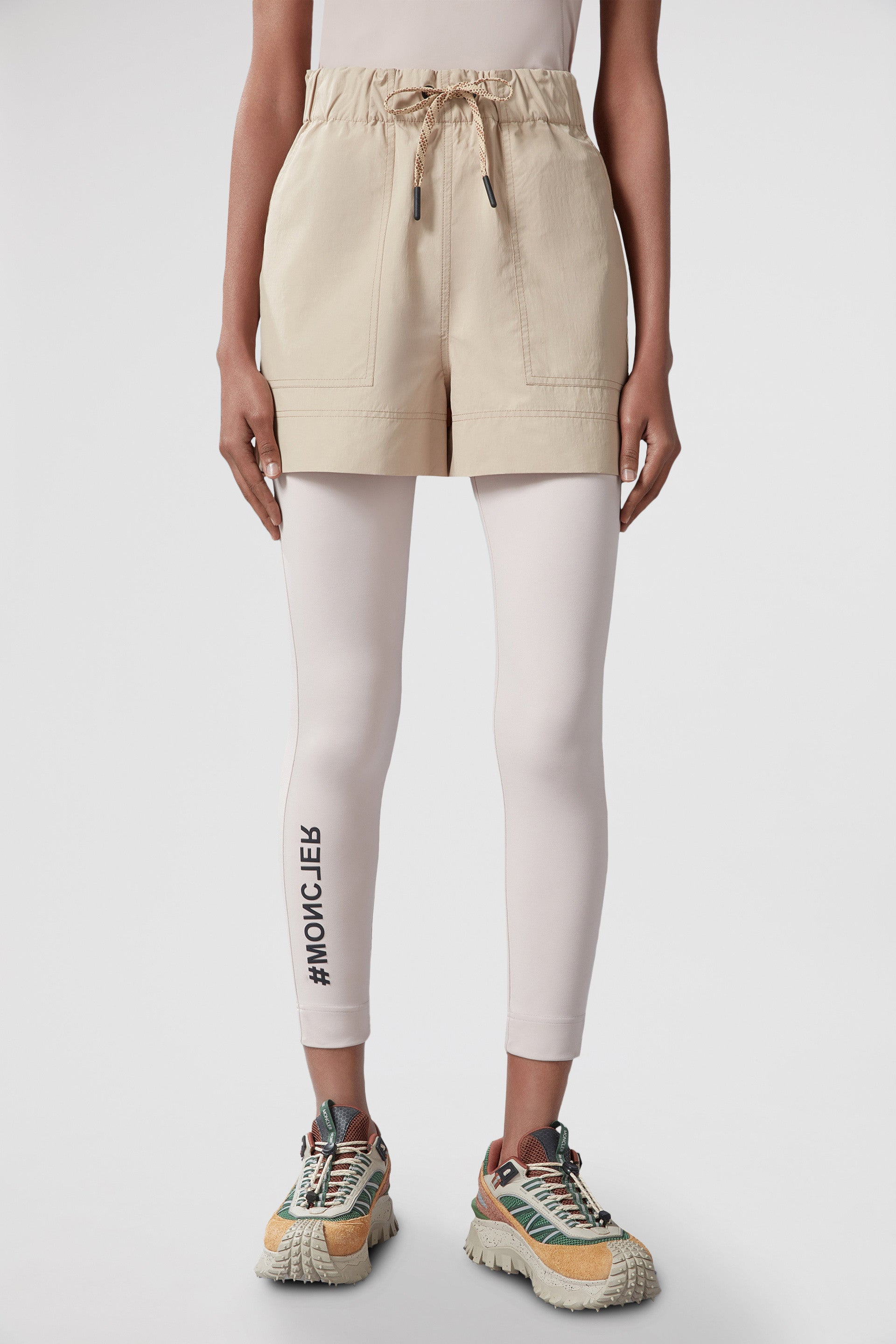 beige nylon shorts, Moncler Grenoble, luxury leisurewear, Spring-Summer 2024, technical crinkled fabric