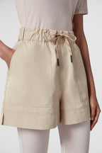 beige nylon shorts, Moncler Grenoble, luxury leisurewear, Spring-Summer 2024, technical crinkled fabric