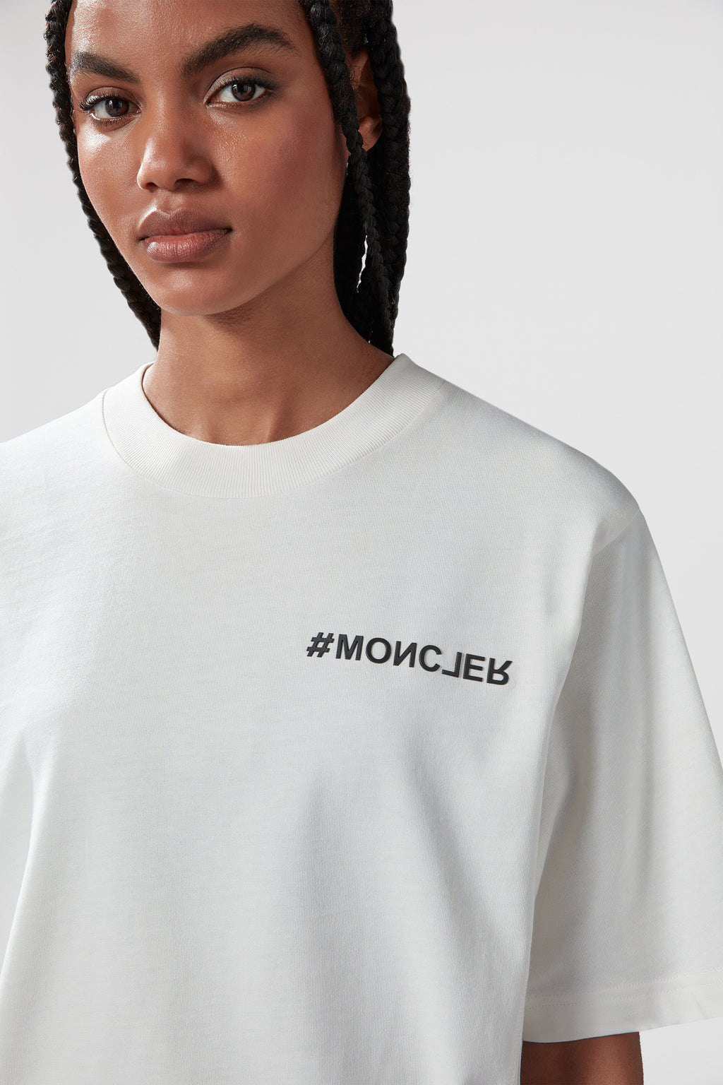 Moncler, white logo T-shirt, luxury fashion, high-end, sophisticated wear