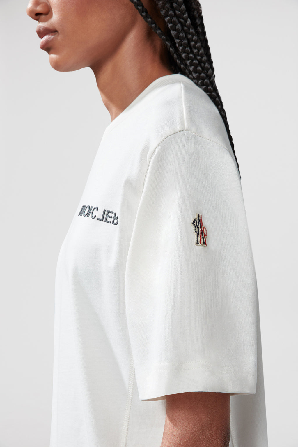 Moncler, white logo T-shirt, luxury fashion, high-end, sophisticated wear