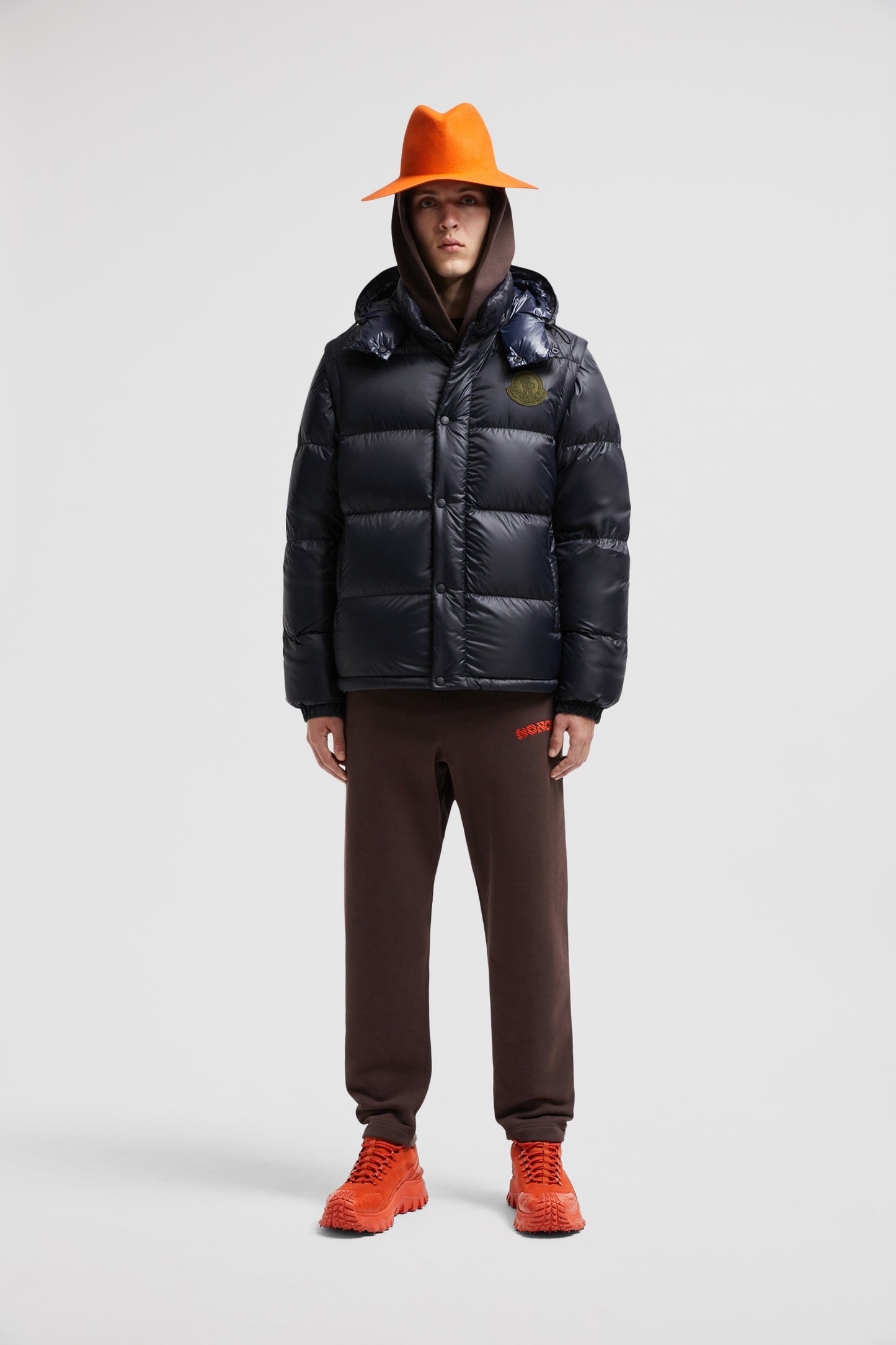 luxury down jacket, 2-in-1 jacket, Moncler Autumn-Winter 2024, blue-grey jacket, high collar removable sleeves