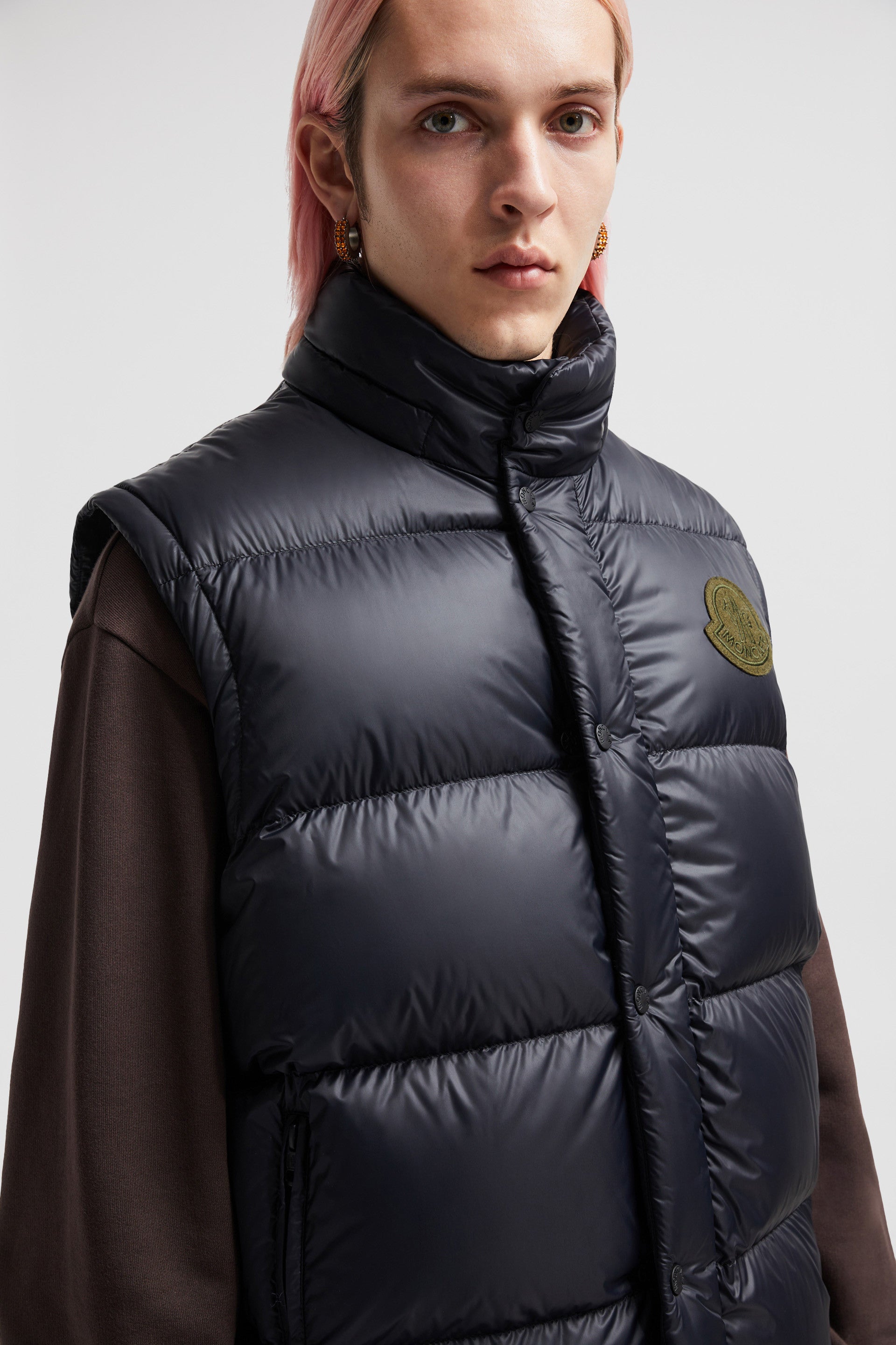 luxury down jacket, 2-in-1 jacket, Moncler Autumn-Winter 2024, blue-grey jacket, high collar removable sleeves