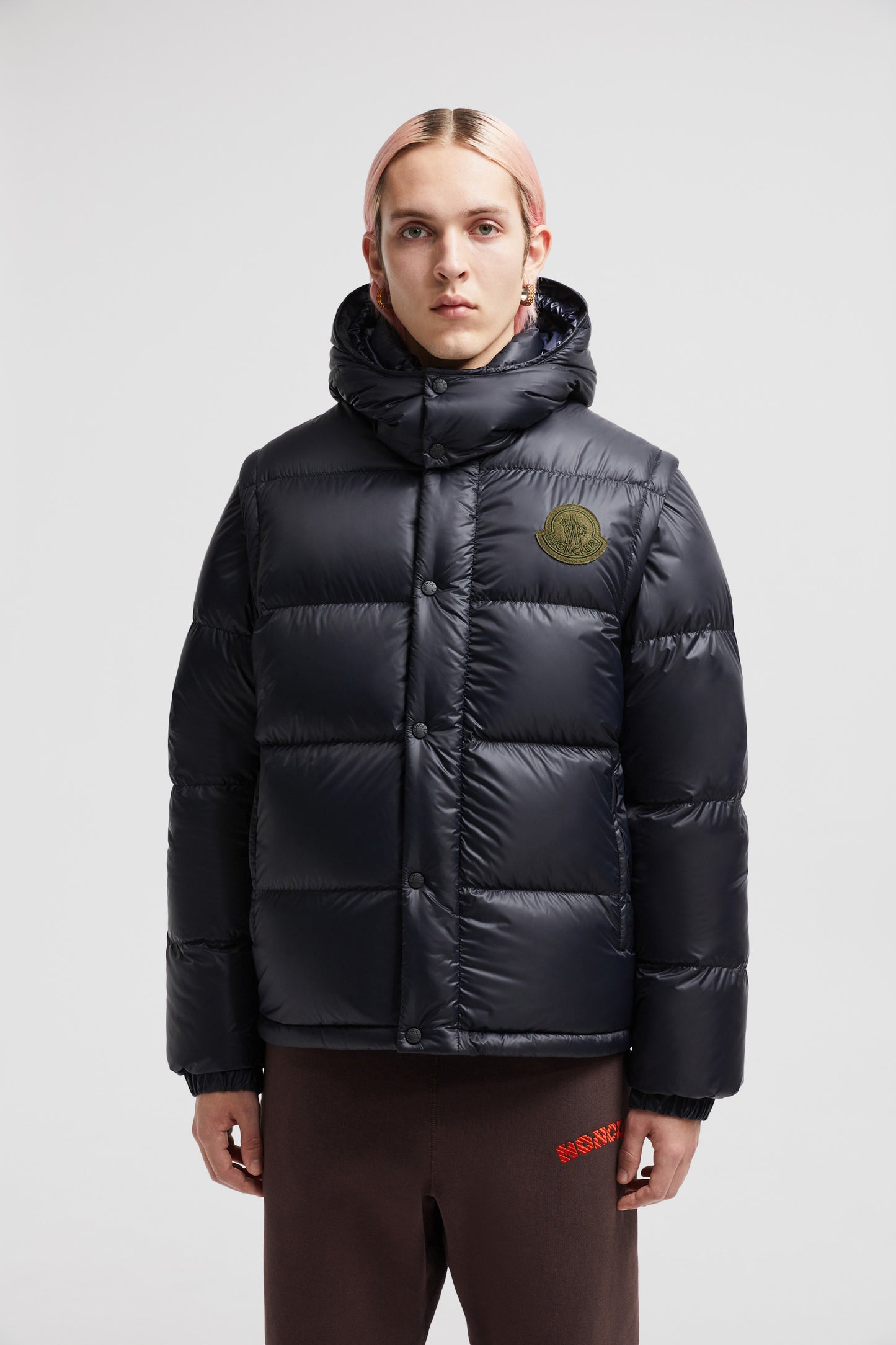 luxury down jacket, 2-in-1 jacket, Moncler Autumn-Winter 2024, blue-grey jacket, high collar removable sleeves