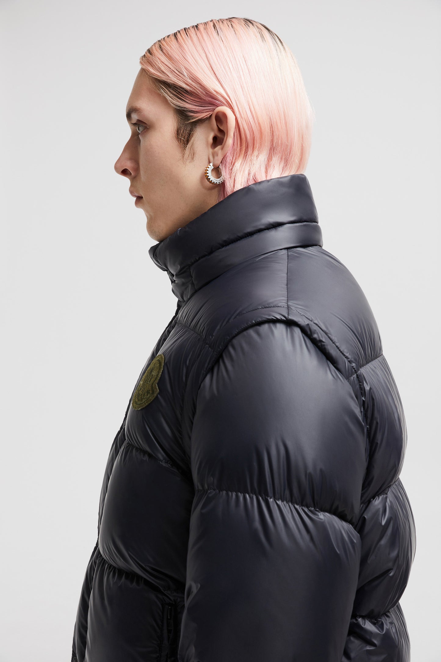 luxury down jacket, 2-in-1 jacket, Moncler Autumn-Winter 2024, blue-grey jacket, high collar removable sleeves