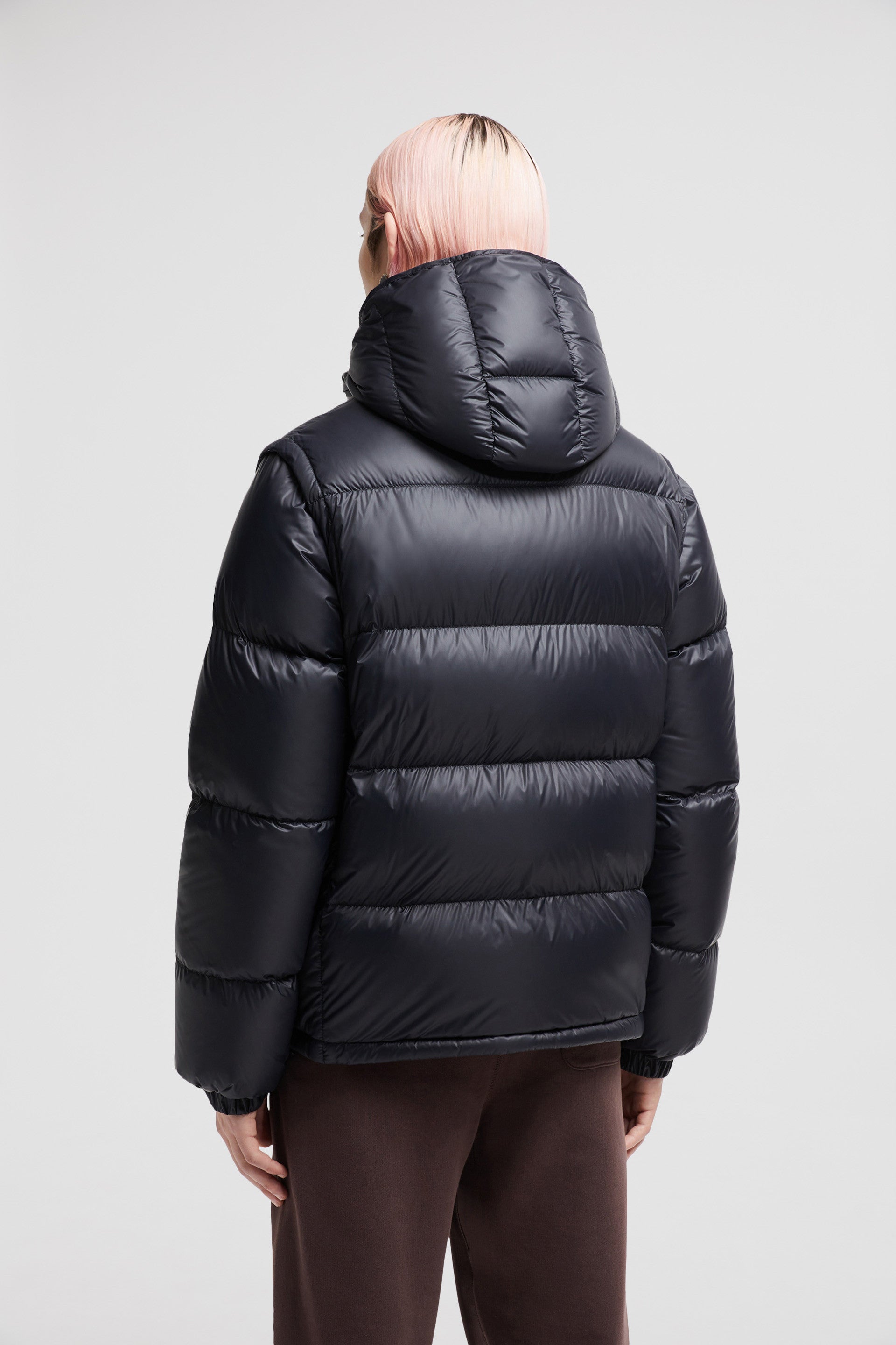 luxury down jacket, 2-in-1 jacket, Moncler Autumn-Winter 2024, blue-grey jacket, high collar removable sleeves