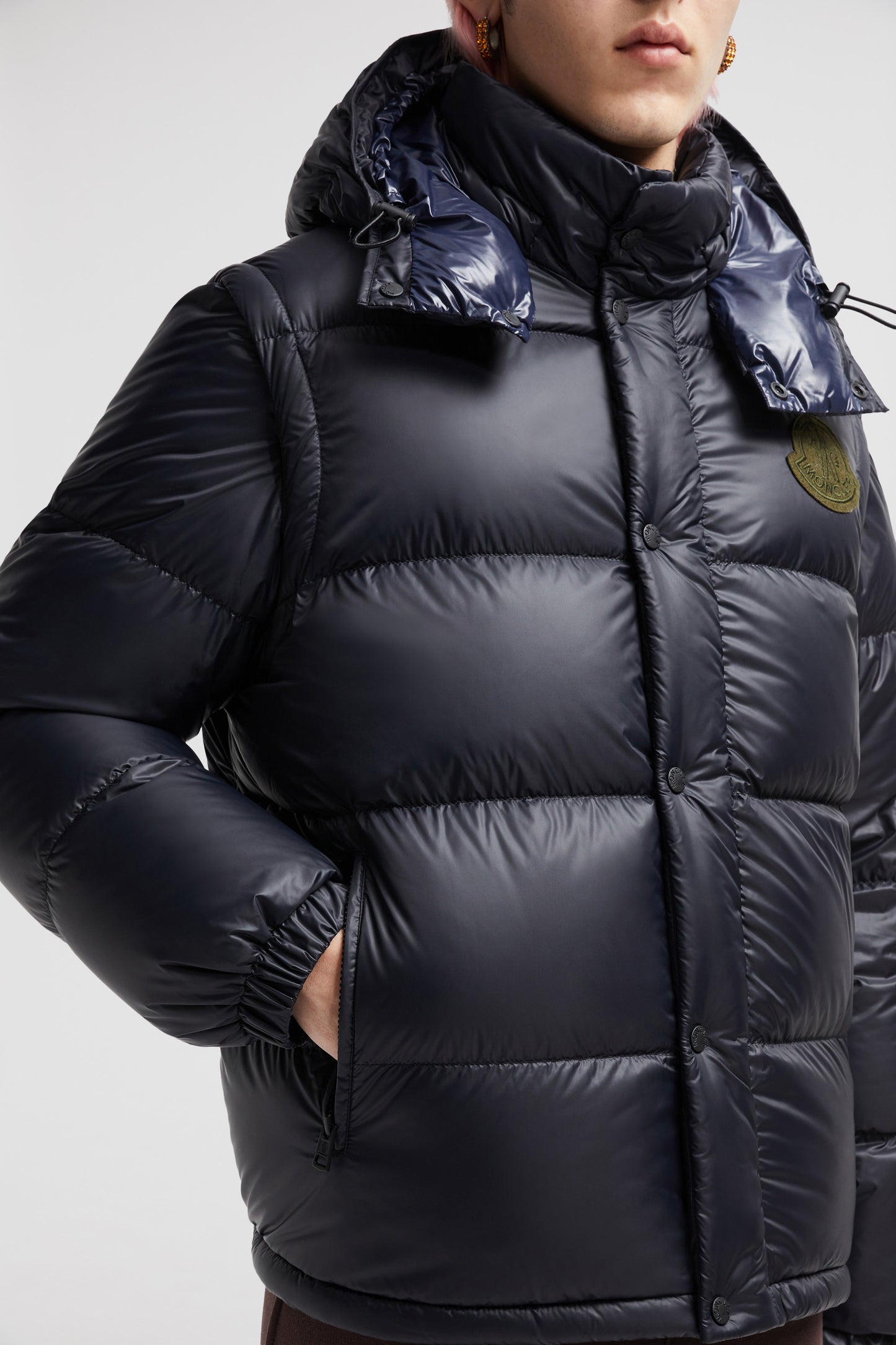 luxury down jacket, 2-in-1 jacket, Moncler Autumn-Winter 2024, blue-grey jacket, high collar removable sleeves