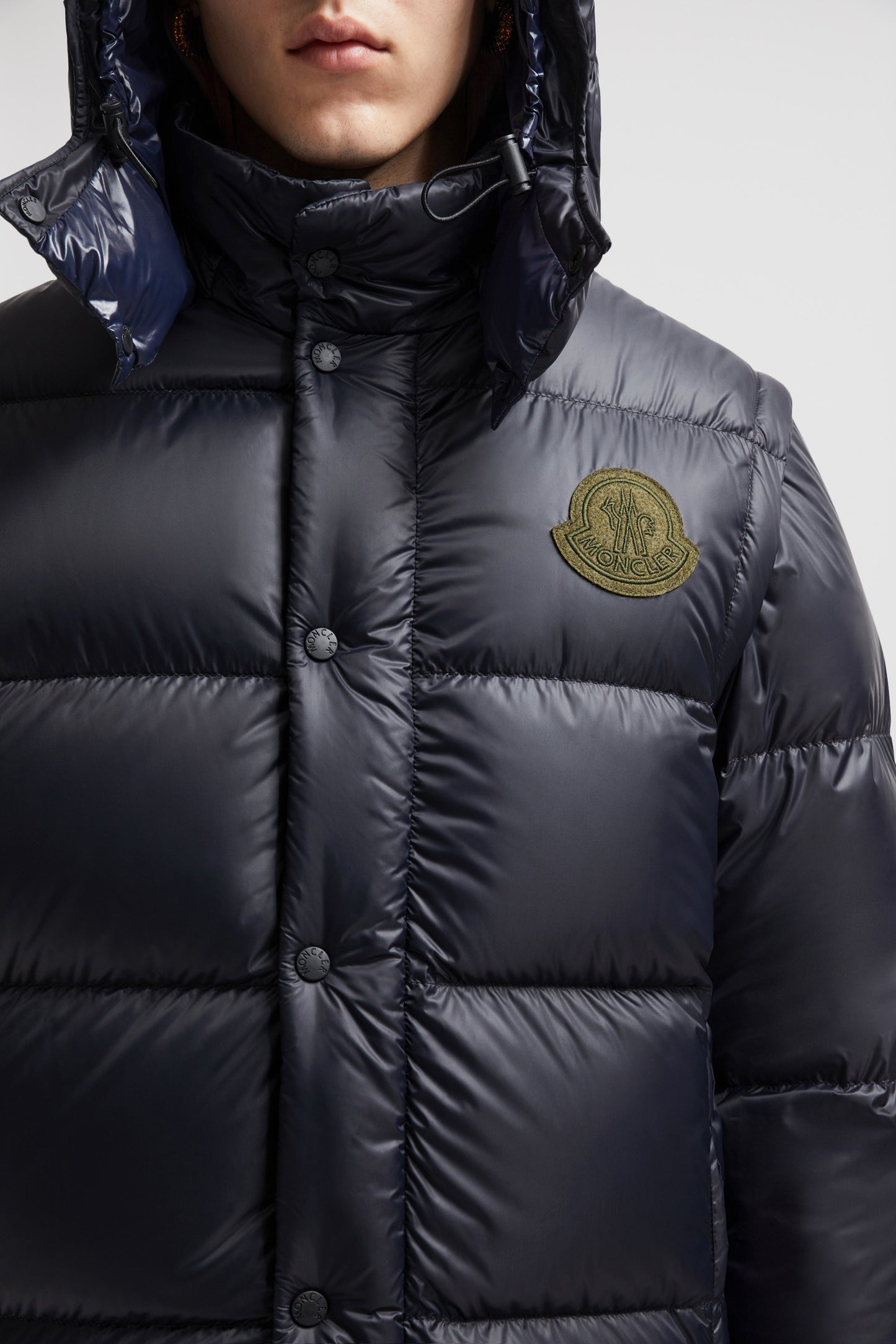 luxury down jacket, 2-in-1 jacket, Moncler Autumn-Winter 2024, blue-grey jacket, high collar removable sleeves